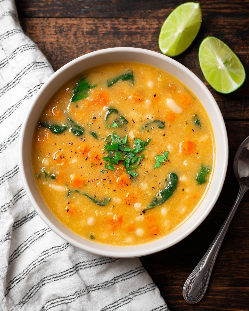 A bowl of thick orange-yellow soup filled with small chunks of orange carrots, white beans, and green spinach leaves. The soup has a slightly creamy texture with black pepper sprinkled on top and some fresh green herbs for garnish in the center. The bowl is white and placed on a dark wooden surface with two lime halves nearby. A spoon lies on the right side of the bowl, and a white cloth with thin black stripes is draped over the bottom left corner. The background is changed to a white marbled texture. photo taken with an iphone --ar 4:5 --v 7