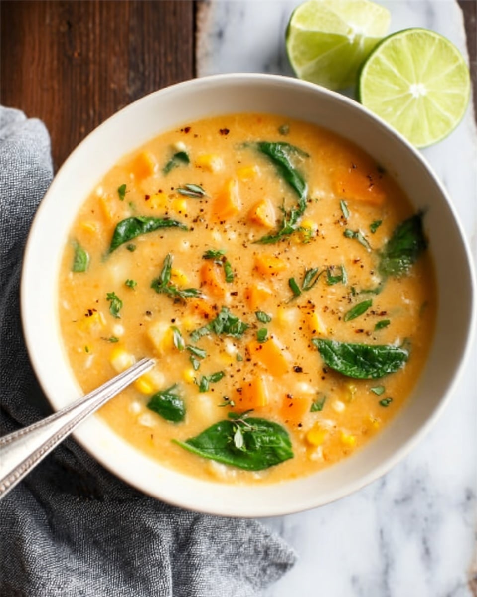 A white bowl filled with a creamy soup showing visible chunks of orange sweet potato, white potato, and bits of corn, topped with fresh green spinach leaves and small sprigs of green herbs, with a sprinkle of black pepper or seasoning on top. A silver spoon rests inside the bowl, and the bowl is sitting on a white marbled surface next to two lime wedges and a soft gray cloth. Photo taken with an iphone --ar 4:5 --v 7