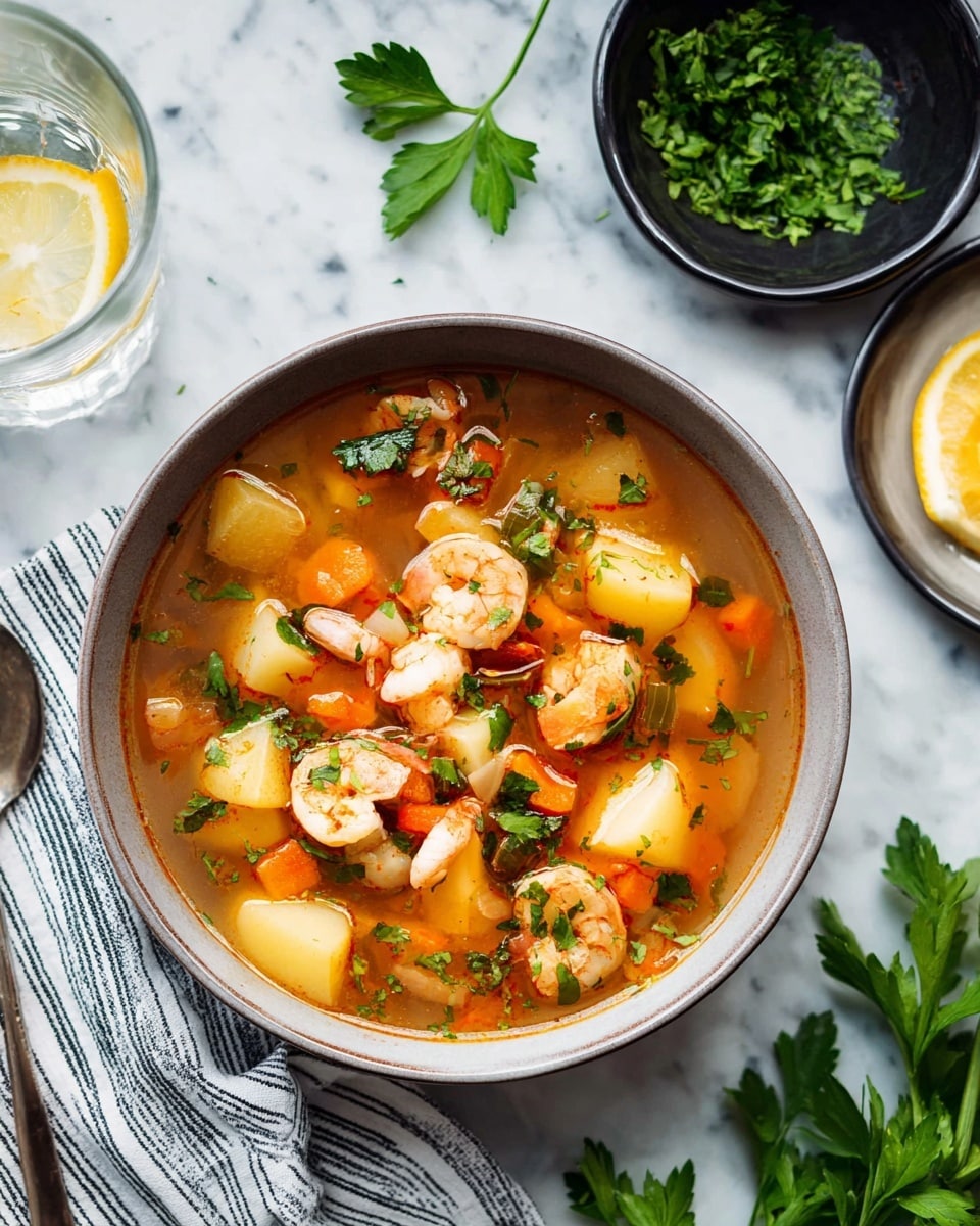 A bowl of seafood soup with clear orange broth filled with several layers of ingredients: on the top layer, there are whole cooked shrimp with a pink and white texture, chunks of white fish, and cut yellow potatoes. Beneath them are small pieces of carrots in orange, bits of onion, and chopped green herbs scattered throughout, adding a touch of green against the warm broth. Around the bowl, there are some fresh green parsley leaves and a small black bowl filled with more green herbs, all placed on a white marbled surface with a striped cloth and a glass of water with a lemon slice nearby. Photo taken with an iphone --ar 4:5 --v 7