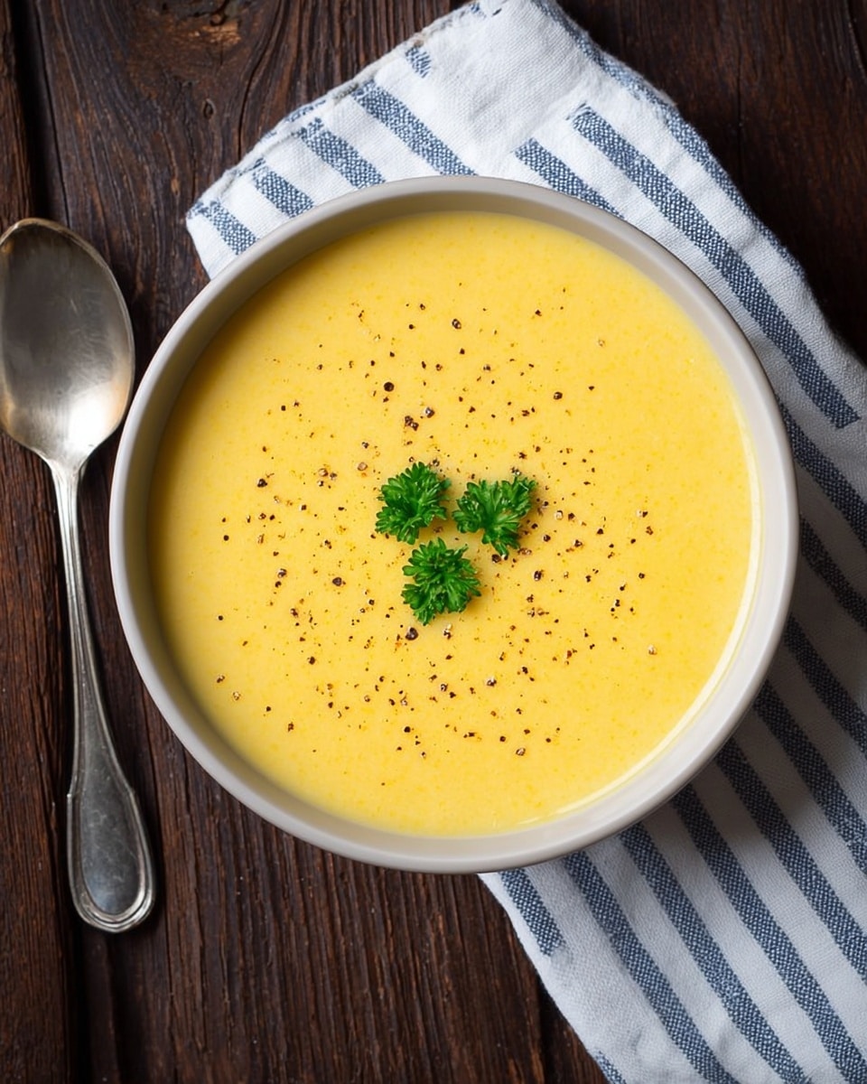A bowl with smooth, yellow soup fills it completely, topped with small black pepper specks and two small green parsley leaves in the center. The bowl is white and sits on a dark wooden surface with a silver spoon next to it on the left. A white cloth with blue stripes is near the top edge, partially visible. The texture of the soup looks creamy and even. Photo taken with an iphone --ar 4:5 --v 7