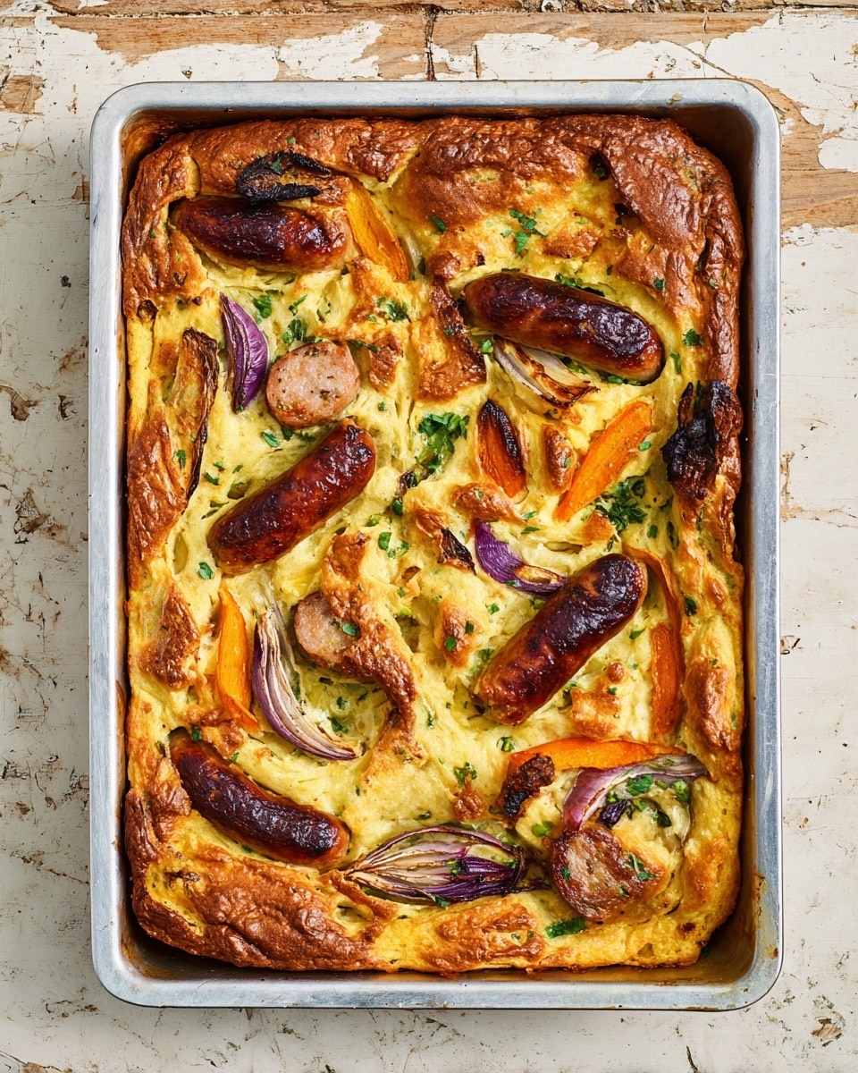 The image shows a white rectangular baking dish filled with a baked dish that has a golden-brown, puffed base layer. On top of the base are several browned sausages scattered evenly across the dish. Between the sausages, there are bright red cherry tomatoes, slices of orange carrot, green broccolini, and wedges of red onion placed all over. Small sprigs of green rosemary are sprinkled on top, adding contrast to the vibrant colors. The dish is placed on a wooden surface. Photo taken with an iphone --ar 4:5 --v 7