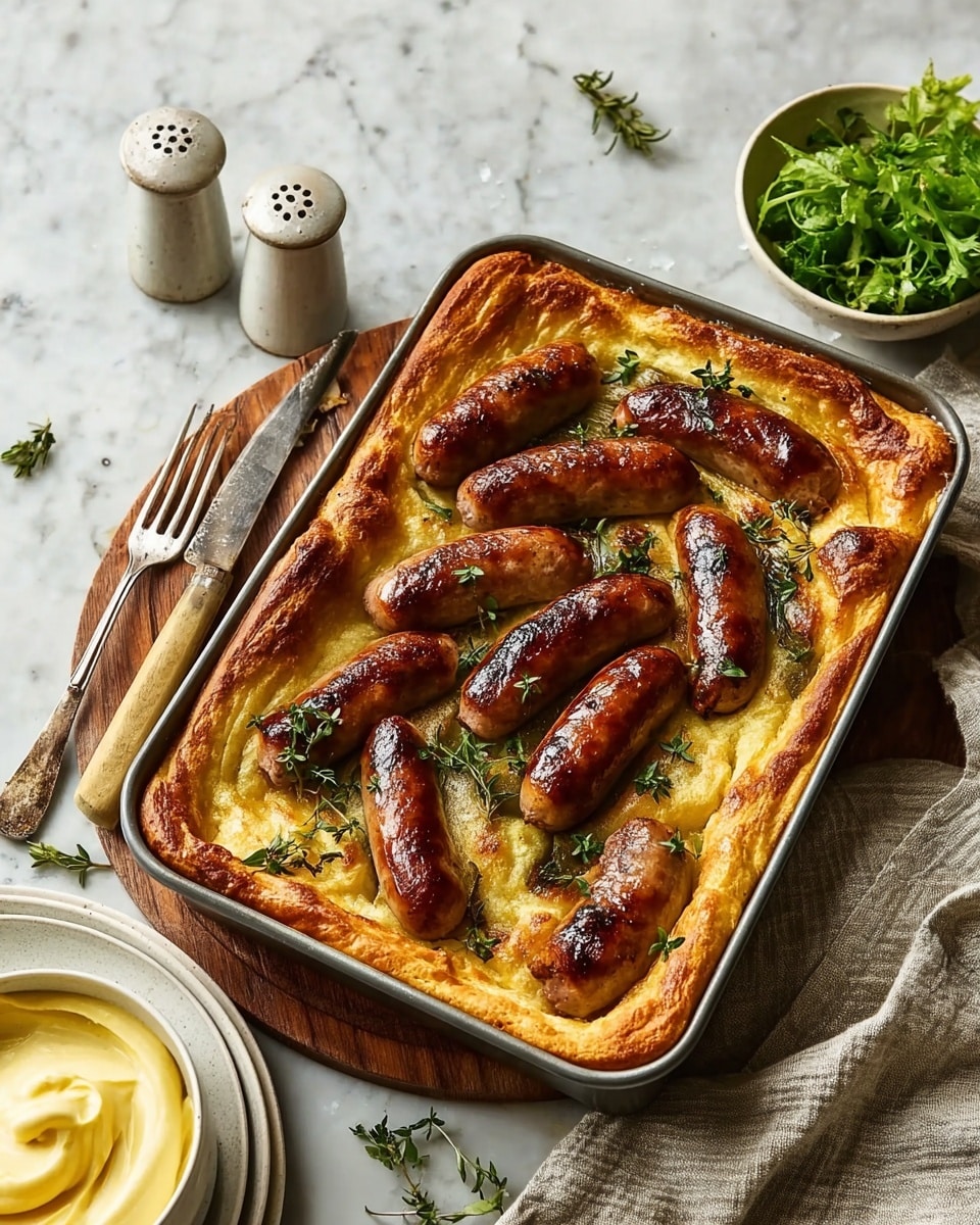 The image shows a rectangular metal baking tray filled with a golden brown baked dish. The dish has a textured, slightly puffed surface with browned edges. Several cooked sausages, dark brown and shiny, are embedded within the dish, some partially submerged and others fully visible on the top. There are also chunks of purple-red onions and some roasted orange carrots scattered throughout. The base appears light yellow with some green herbs mixed in, giving it a slightly speckled look. The tray is placed on a white marbled surface with a rustic feel. Photo taken with an iphone --ar 4:5 --v 7