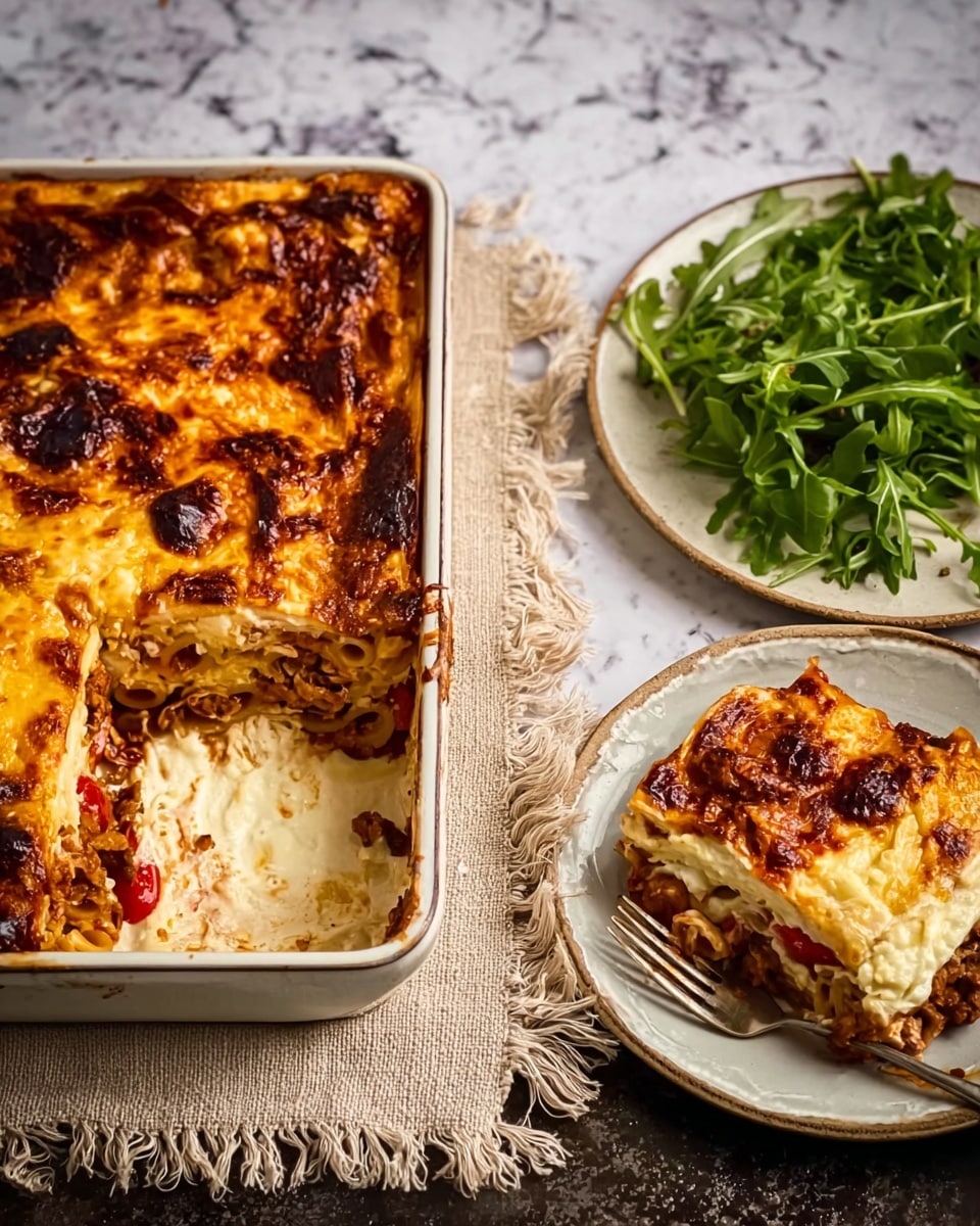 A large white rectangular baking dish filled with a layered baked pasta casserole. The top layer is golden brown and bubbly melted cheese with slightly burnt spots. Below the cheese, visible in a scoop taken out, are layers of cooked pasta mixed with red tomato sauce and ground meat, showing a rich, hearty texture. To the right, a white oval plate holds a serving of the pasta layered with cheese on top, next to fresh green leaves of arugula. A silver spoon is placed in the baking dish. The whole setup rests on a dark textured surface next to a cloth with frayed edges, with a white marbled background visible around. Photo taken with an iphone --ar 4:5 --v 7