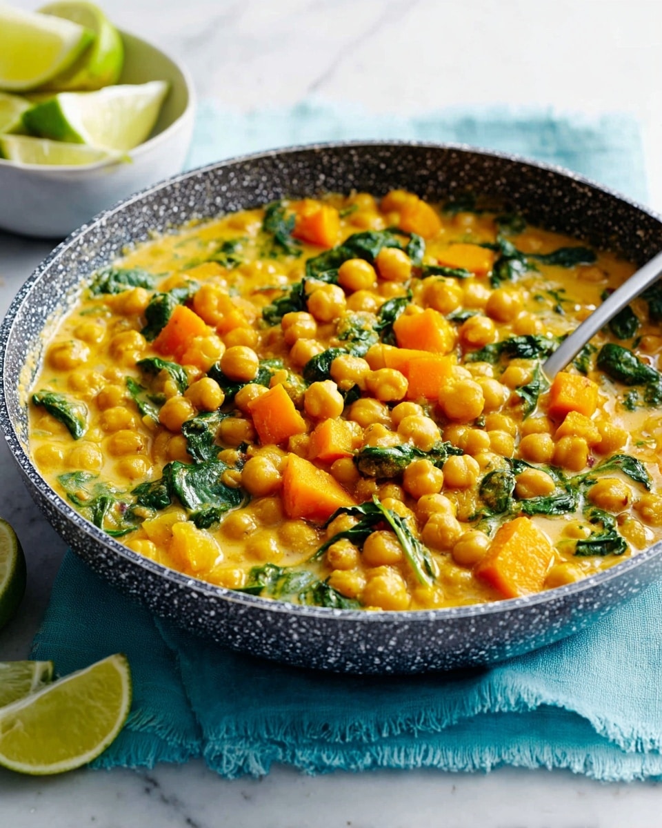 A close-up of a speckled pan filled with a thick chickpea curry that has three main layers visible: a yellow-orange creamy sauce, light brown chickpeas, and green spinach leaves scattered throughout. Orange chunks, likely pumpkin or squash, are mixed in, adding color contrast. The pan sits on a light blue cloth over a white marbled surface, with lime wedges in the foreground and a white bowl holding more lime wedges in the background. A silver spoon rests inside the pan, partially covered by the curry. photo taken with an iphone --ar 4:5 --v 7
