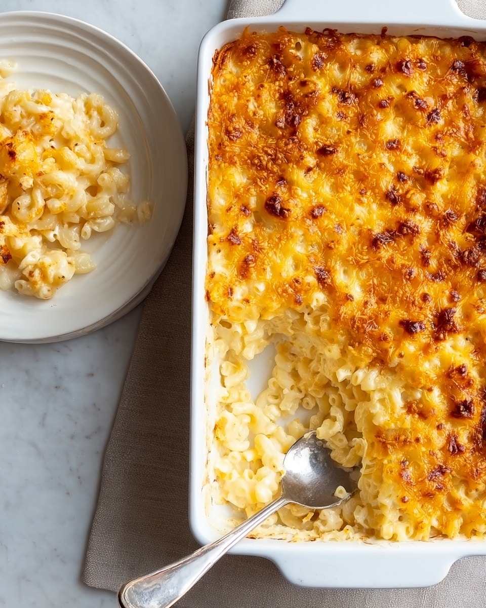 The image shows a white rectangular baking dish filled with macaroni and cheese. The top layer is golden brown with melted cheese that looks slightly crispy and bubbly. Beneath the top, a creamy, pale yellow cheesy pasta layer is visible where some has been scooped out. Next to the baking dish, there is a white plate with a portion of macaroni and cheese on it, showing the same creamy pasta and melted cheese. A spoon with a scoop of macaroni and cheese rests on the plate. The baking dish and plate are set on a white marbled surface. photo taken with an iphone --ar 4:5 --v 7