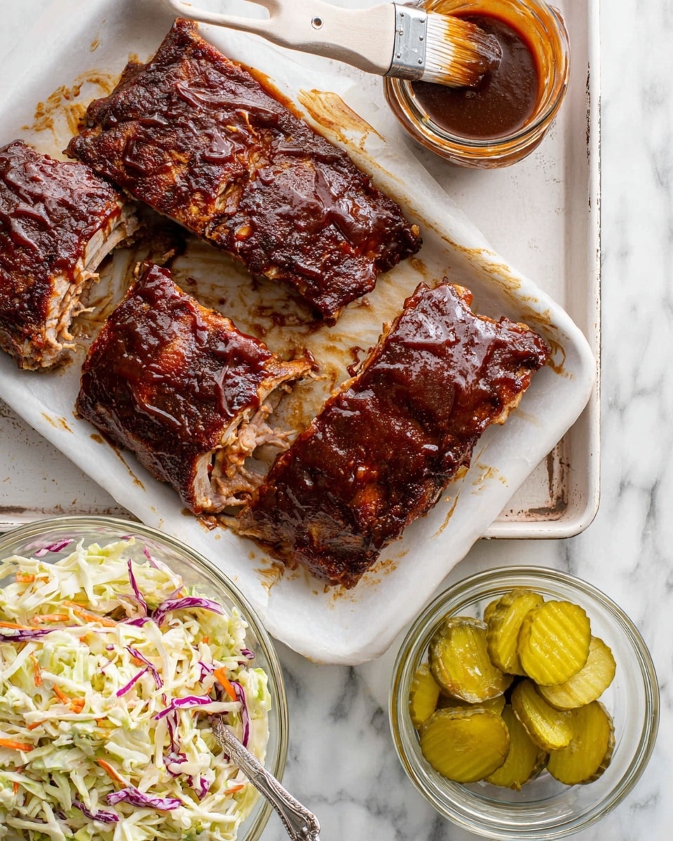 The image shows a white baking tray with a sheet of white parchment paper on it, holding pieces of cooked ribs with a dark brown, slightly charred sauce on top. The ribs are in several pieces, some with exposed clean bones curved upward, and some chunks of tender meat still attached, showing a mix of brown and reddish tones. On the top left of the tray, there is a small clear bowl filled with thick, dark brown barbecue sauce with a wooden-handled brush resting inside it, coated with sauce. The tray is placed on a white marbled surface, with a corner of a blue cloth visible on the right side. Photo taken with an iphone --ar 4:5 --v 7