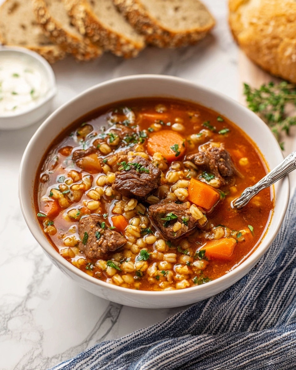 A white bowl filled with a hearty beef barley soup, showing about two main layers: a rich, brown broth with glossy texture, mixed with chunks of dark brown beef, soft orange carrot slices, and light tan barley grains, all sprinkled with small bright green parsley leaves on top. In the background, there is a white marbled surface with two slices of light brown bread with seeds resting above the bowl. To the left side of the bowl, part of a white slow cooker with text on its knob is visible, and in the lower right corner, a white and blue striped cloth adds texture to the plain background. photo taken with an iphone --ar 4:5 --v 7