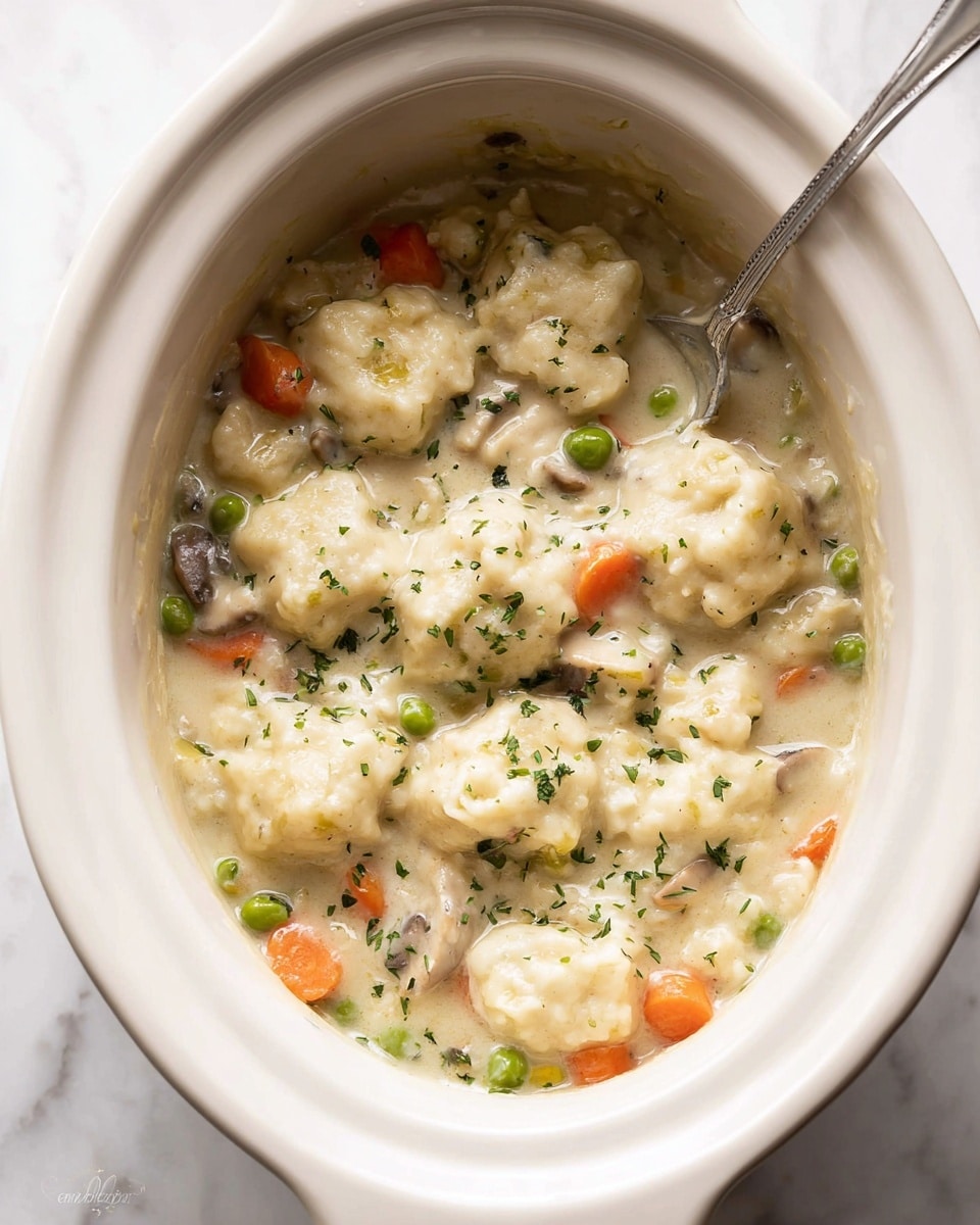 A white bowl filled with creamy stew that has thick, soft dumplings layered in the yellowish-white sauce, mixed with orange carrot slices, green peas, small brown mushroom pieces, and white shredded chicken. The stew texture is rich and smooth, with small green herb bits sprinkled on top. A silver spoon is partially inside the bowl, resting on the dumplings and vegetables. The background is a white marbled surface. photo taken with an iphone --ar 4:5 --v 7