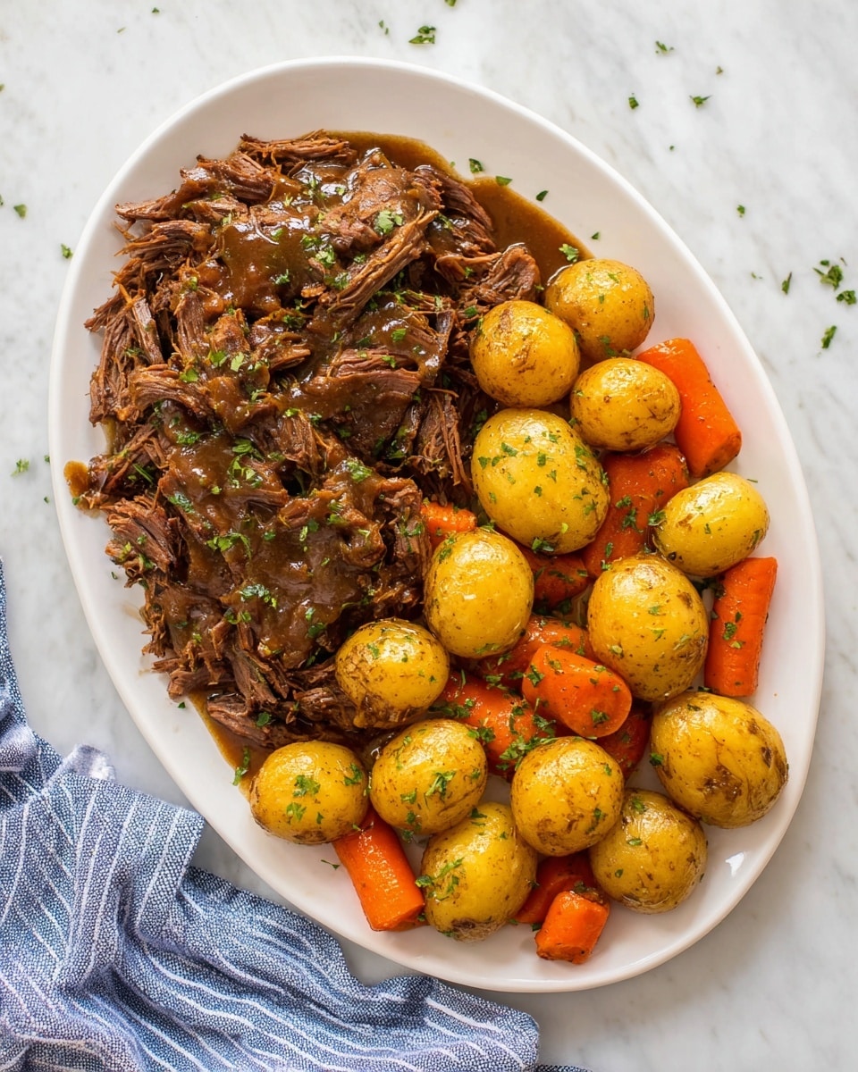 A white oval plate on a white marbled surface holds two main layers of food: on the left, a pile of shredded dark brown meat covered with a thick brown sauce and sprinkled with small bits of green herbs; on the right, a mix of whole small golden potatoes and large sliced orange carrots, also coated in a shiny brown sauce and garnished lightly with green herbs. A blue and white striped cloth is partly visible at the bottom right corner. Photo taken with an iphone --ar 4:5 --v 7