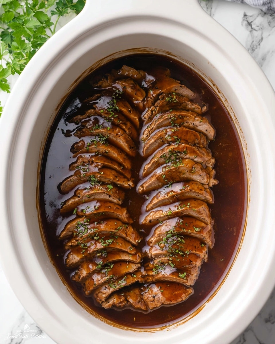 The image shows two rows of sliced meat arranged side by side inside a white oval cooker. Each piece of meat is covered in a shiny brown sauce that pools around the meat inside the cooker. Small green herb bits are sprinkled on top of the sauce and meat, adding color contrast. The white edges of the cooker frame the warm colors of the meat and sauce. The background features a white marbled texture with a small bunch of green parsley in the upper left corner and a folded blue cloth partially visible at the bottom right. photo taken with an iphone --ar 4:5 --v 7