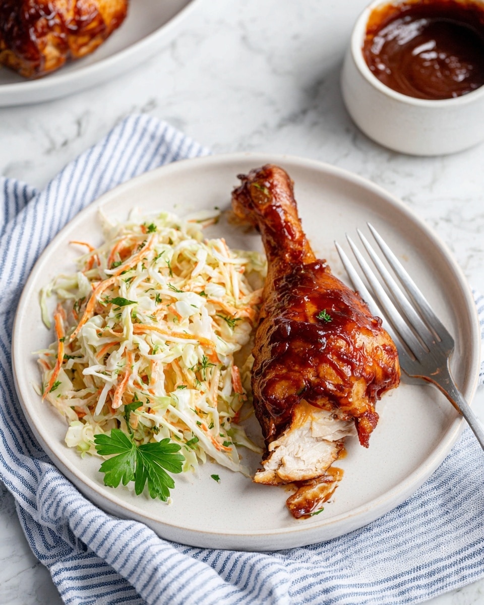 Two glazed drumsticks with a shiny brown sauce sit on the right side of a white plate. One drumstick is placed on top of the other, showing a bite revealing soft white meat inside. On the left side of the plate, there is a pile of light yellow and orange coleslaw made with shredded cabbage, carrots, and herbs mixed in a creamy dressing. A green parsley leaf rests near the bottom right of the drumsticks for garnish. A silver fork with a long handle is placed on the left edge of the plate, partly touching the coleslaw. The plate rests on a white marbled surface. In the background, a white bowl holds more coleslaw, and a small white bowl with a dark brown sauce and spoon sits at the top right. A striped napkin and a glass of water are partly visible near the bottom right corner. photo taken with an iphone --ar 4:5 --v 7