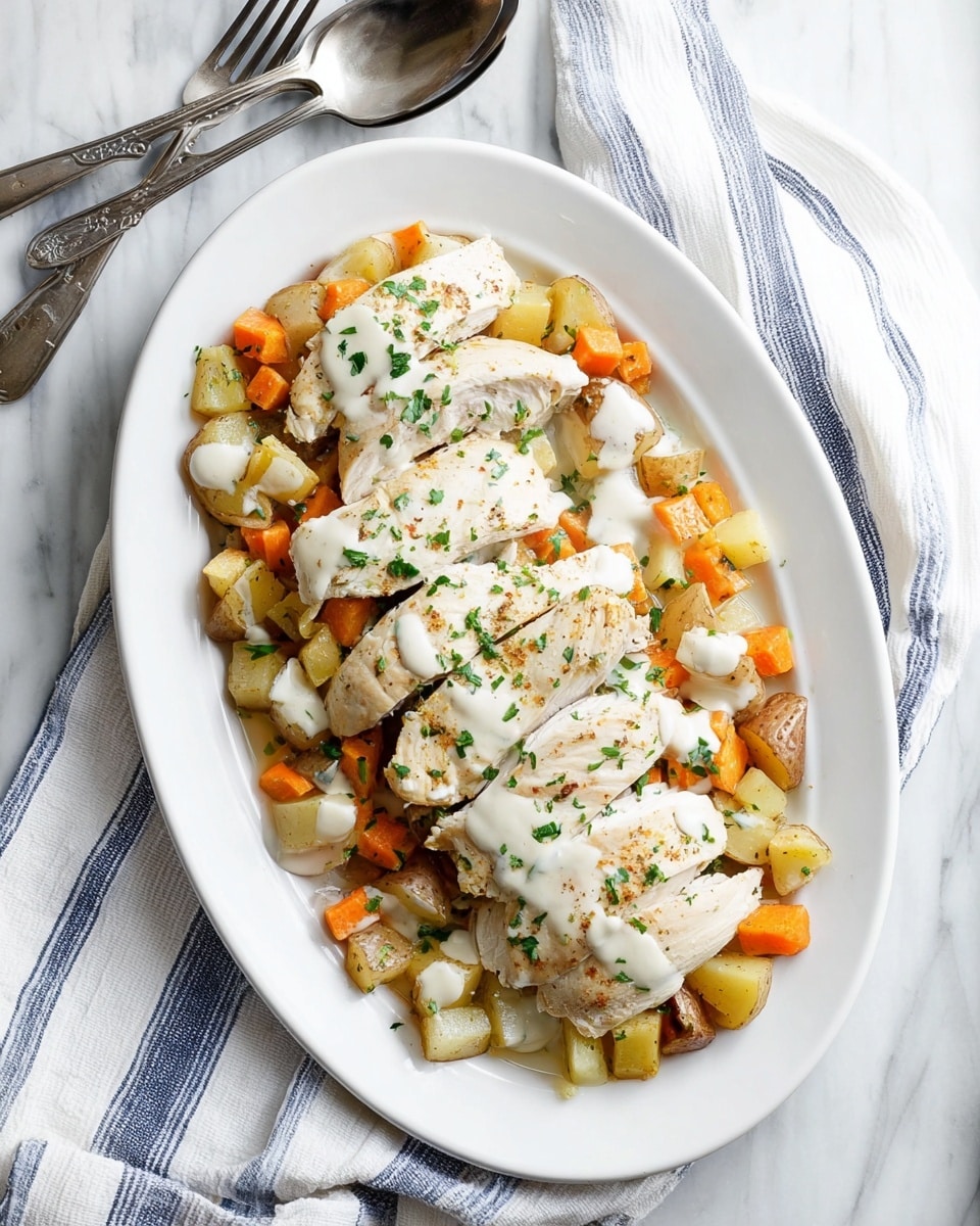 This dish features four pieces of cooked light-colored chicken placed on top of a bed of diced orange and yellow root vegetables, arranged on a large white oval plate. The chicken is drizzled with a white sauce and sprinkled with small green herb pieces. The plate rests on a white marbled surface, next to a striped blue and white cloth and silver cutlery, creating a simple and clean look. photo taken with an iphone --ar 4:5 --v 7