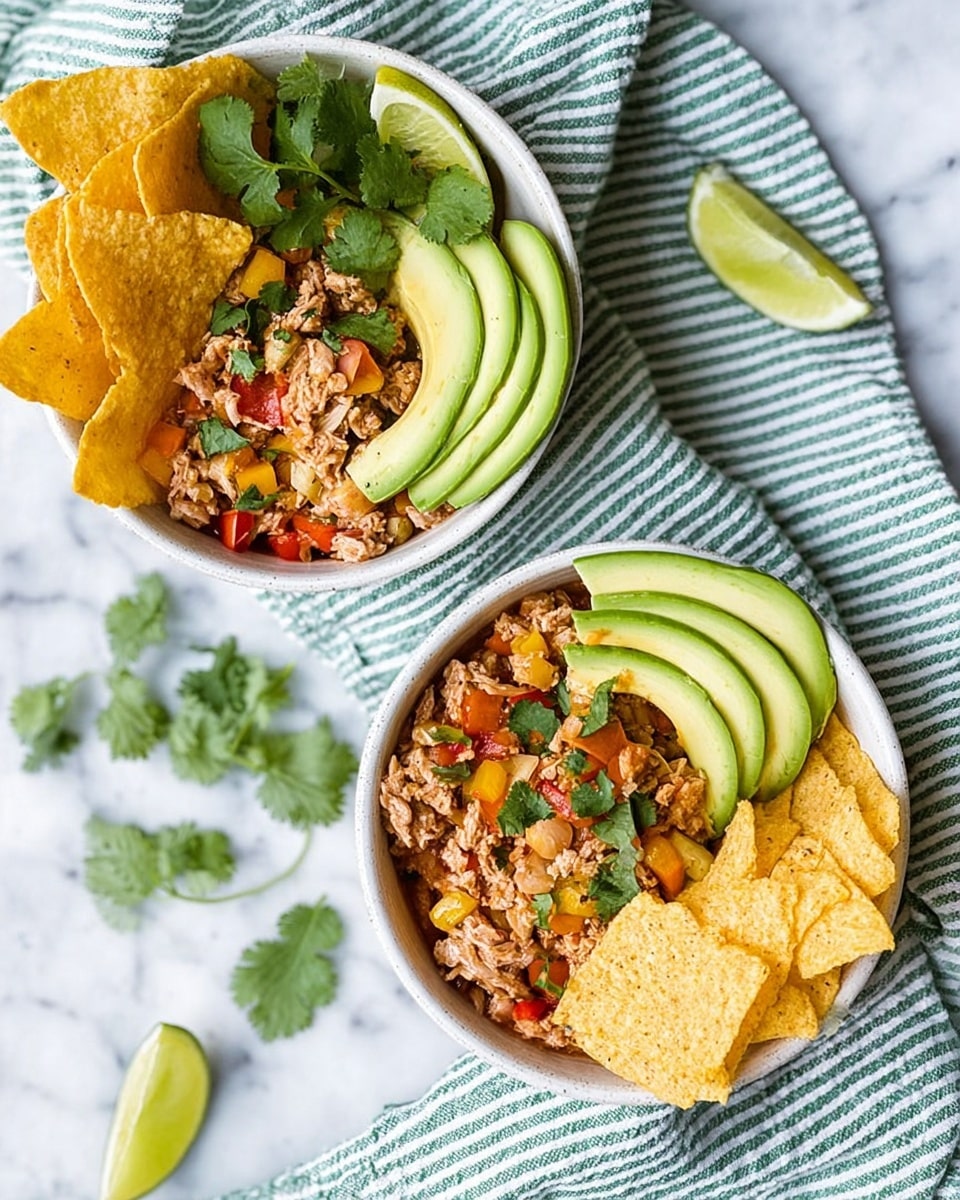 Two white bowls sit on a white marbled surface with a green and white striped cloth around them. Each bowl has three parts: a shredded light brown meat mixture with red and yellow small pepper pieces and green cilantro leaves, a lime wedge on the edge of the meat section, and golden curved tortilla chips placed beside the meat. On the side opposite the chips, each bowl has several thin slices of green avocado neatly arranged in a fan shape. Some cilantro leaves and lime wedges are scattered on the surface near the bowls. Photo taken with an iphone --ar 4:5 --v 7