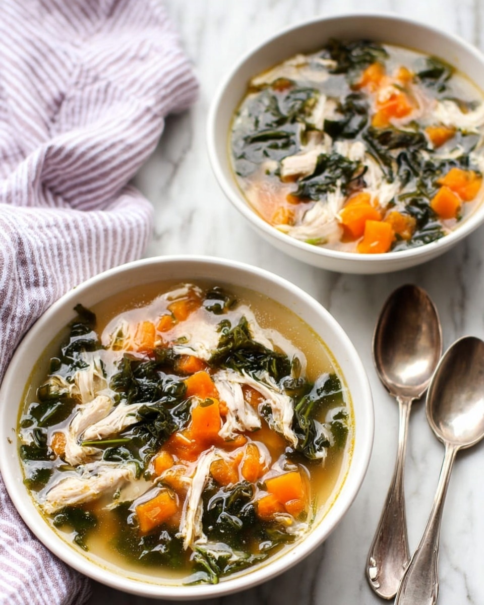 Two white bowls of clear soup sit on a white marbled surface. Each bowl contains three main layers: a clear broth base, medium-sized bright orange chunks of carrots evenly spread on top, and dark green leafy vegetables with light beige shreds of chicken scattered around. The bowls are photographed from above at a slight angle. Beside the front bowl, two old silver spoons with detailed handles rest on the textured surface. A soft lavender cloth is partially visible in the background. The photo is bright and natural, highlighting the colors of the soup. photo taken with an iphone --ar 4:5 --v 7