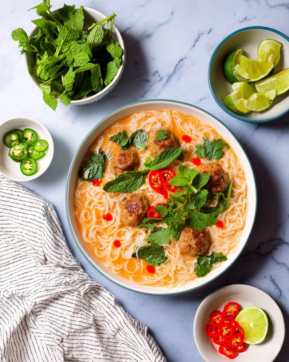 A white bowl filled with light orange broth holds thin white noodles and several brown meatballs scattered throughout the soup. The dish is topped with fresh green mint and cilantro leaves. On top of the noodles, slices of green and red chili peppers add a pop of color, along with small drizzles of red sauce. Surrounding the bowl on a white marbled surface are small white bowls containing green mint leaves, sliced green limes, bright green cilantro sprigs, and sliced red and green chilis. A white and gray striped cloth is placed near the bowls. photo taken with an iphone --ar 4:5 --v 7