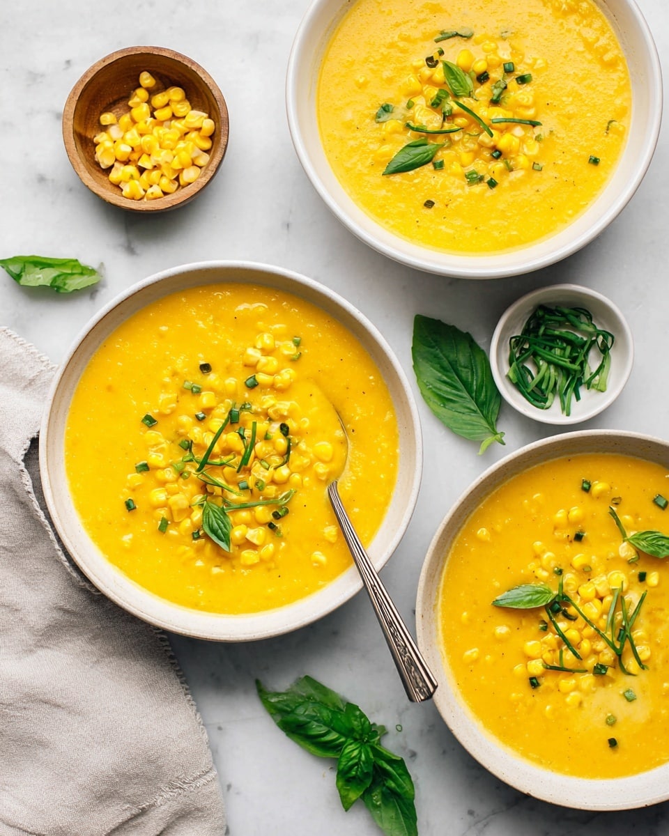 Three white bowls filled with bright yellow corn soup, each bowl topped with bright yellow corn kernels, small green chives, and a few fresh green basil leaves. The soup has a smooth, creamy texture with some small corn pieces visible. One bowl at the bottom has a spoon resting inside, with a silver handle extending out. Around the bowls, fresh green basil leaves are scattered on a white marbled surface, with a small wooden bowl filled with more corn kernels and a small white bowl of chopped chives nearby. A soft, light gray cloth is partially visible under the bottom bowl. photo taken with an iphone --ar 4:5 --v 7