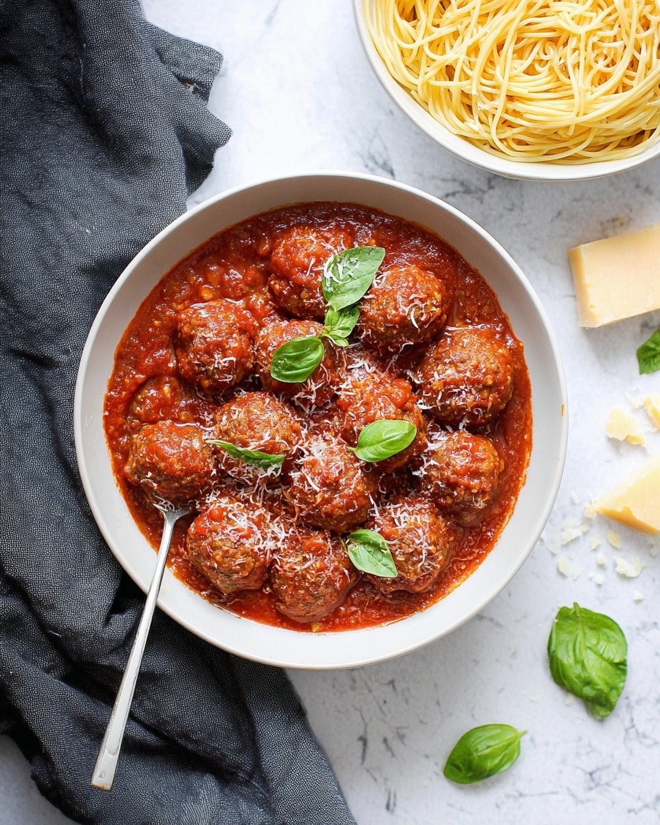A white bowl filled with about twelve round meatballs covered in thick red tomato sauce, with small bits of grated white cheese sprinkled on top, and fresh green basil leaves placed both in the center and scattered across the meatballs; a silver spoon rests inside the bowl on the left side. Above the bowl is part of another white bowl holding plain spaghetti with a slight shine from oil or sauce. The dishes sit on a surface with a white marbled texture, with some green basil leaves and a chunk of pale yellow cheese visible around the bowls. A folded dark gray cloth is placed beneath the bowl with meatballs on the left side. Photo taken with an iphone --ar 4:5 --v 7