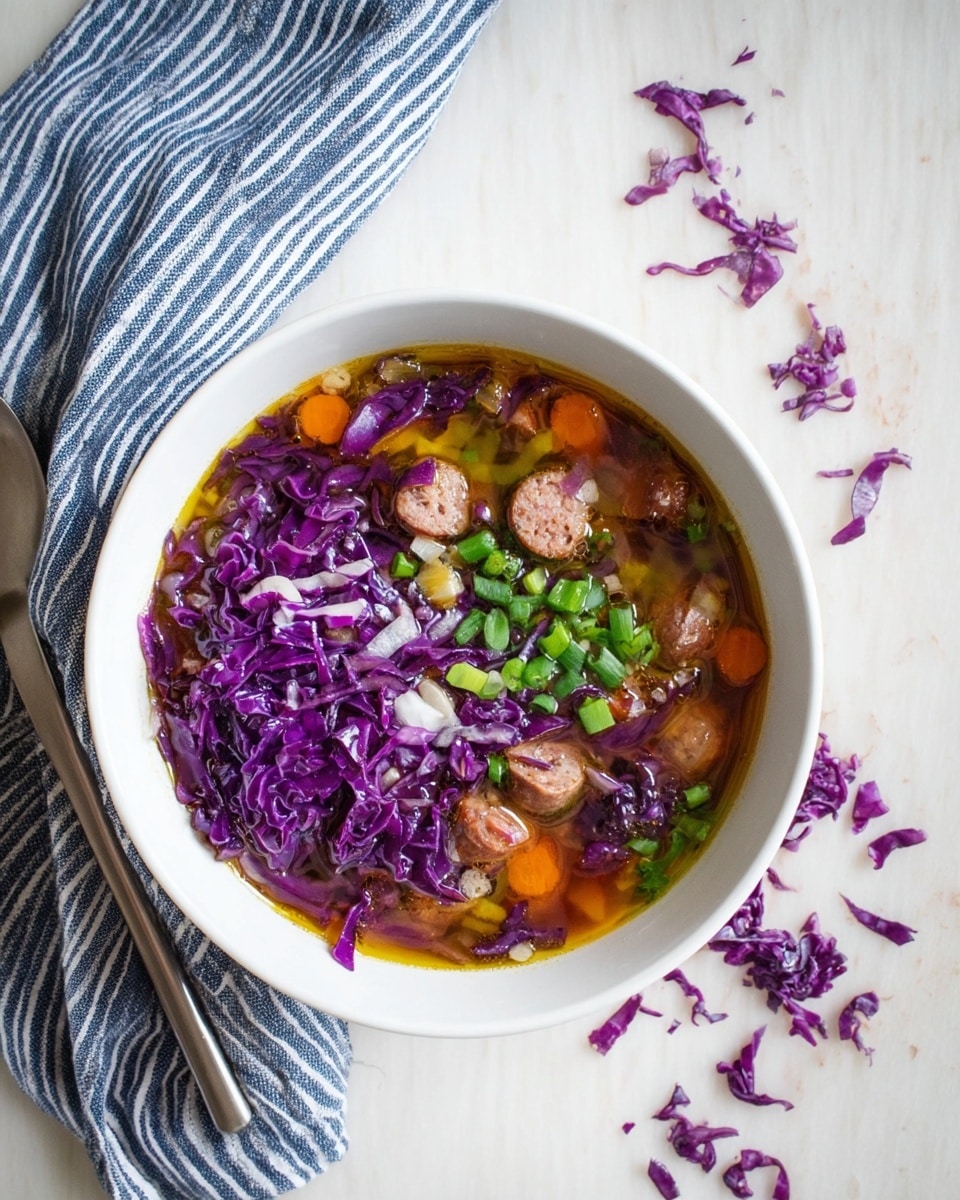 A white bowl filled with a colorful soup sits on a white marbled surface. The soup has several layers: a base of broth with orange carrot pieces and brown sausage slices scattered throughout, topped with bright purple shredded cabbage, and garnished with small green onion slices on one side. Around the bowl are bits of purple cabbage scattered on the white marbled surface, a striped blue and white cloth partially under the bowl, and a metal spoon resting nearby. Photo taken with an iphone --ar 4:5 --v 7