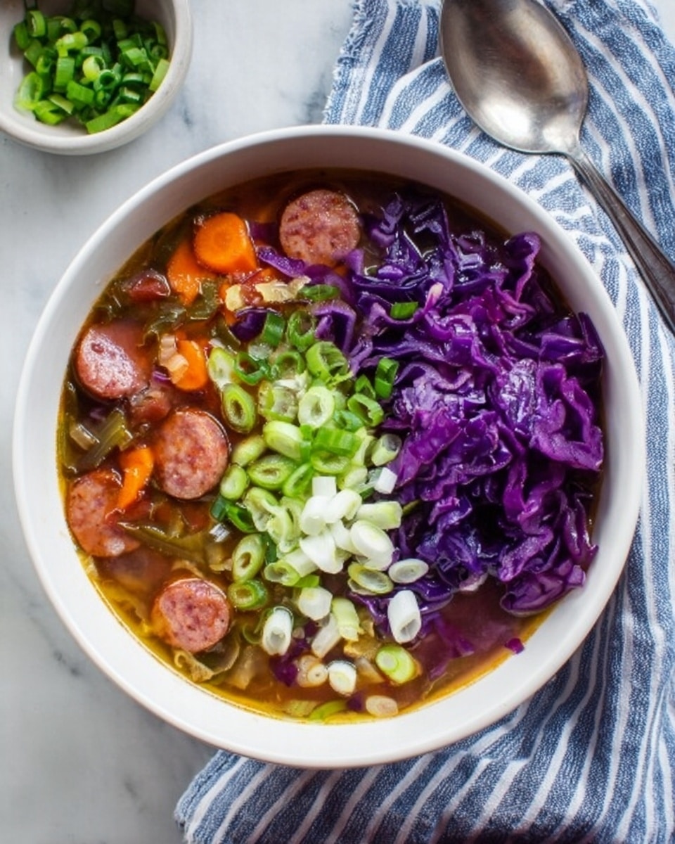 The image shows a white bowl filled with a colorful soup placed on a white marbled surface. The soup has three main layers: the base is a rich brown broth with slices of sausage and chunks of orange carrots mixed with soft, cooked pieces of purple cabbage. On top, there are fresh, thinly sliced bright purple cabbage on the right side, chopped green onions in the middle, and white sliced green onions on the left, creating a fresh and vibrant contrast. To the right of the bowl, a silver spoon rests, and underneath the bowl, a blue and white striped cloth is partially visible. Photo taken with an iphone --ar 4:5 --v 7