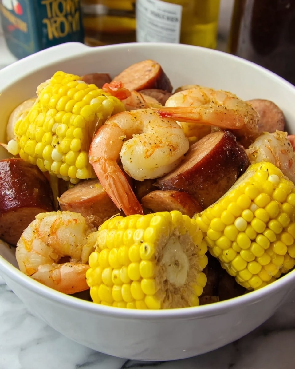 A white bowl filled with several bright yellow corn cob pieces, thick dark brown sausage slices, and pinkish-orange shrimp with tails still attached, all mixed together. The corn has a smooth, shiny texture with visible kernels, the sausage pieces are firm and round, and the shrimp appear slightly curled with a cooked texture. The background shows a white marbled surface with some bottles and containers partially visible behind the bowl, adding a casual kitchen feeling. Photo taken with an iphone --ar 4:5 --v 7