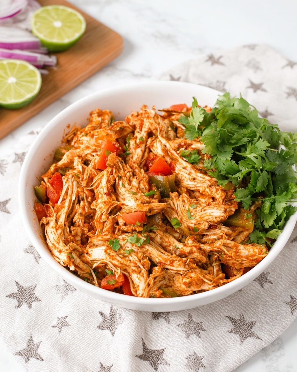 A white bowl filled with shredded cooked chicken mixed with small pieces of red tomatoes and green peppers, showing textures of moist and tender meat with slightly crispy edges. On the top right side of the bowl, fresh bright green cilantro leaves add a fresh touch. The bowl sits on a white cloth with a simple gray star-like pattern, all placed on a white marbled surface. In the background, there is a wooden board with diced red onions and a lime wedge, slightly out of focus, adding color contrast. Photo taken with an iphone --ar 4:5 --v 7