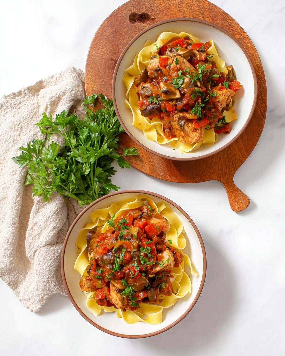 The image shows a white bowl with a brown rim filled with three layers: the bottom has wide, flat, pale yellow pasta ribbons arranged loosely in a circular pattern, the middle layer is a chunky mix of diced red tomatoes and translucent white onions, and the top layer features pieces of tender cooked meat with browned edges mixed with sliced brown mushrooms and sprinkled with fresh green herbs. Resting inside the bowl are a fork twirling some pasta and a knife lying across the bowl edge. The bowl is placed on a round wooden board over a white marbled surface, with sprigs of fresh green parsley nearby. Photo taken with an iphone --ar 4:5 --v 7