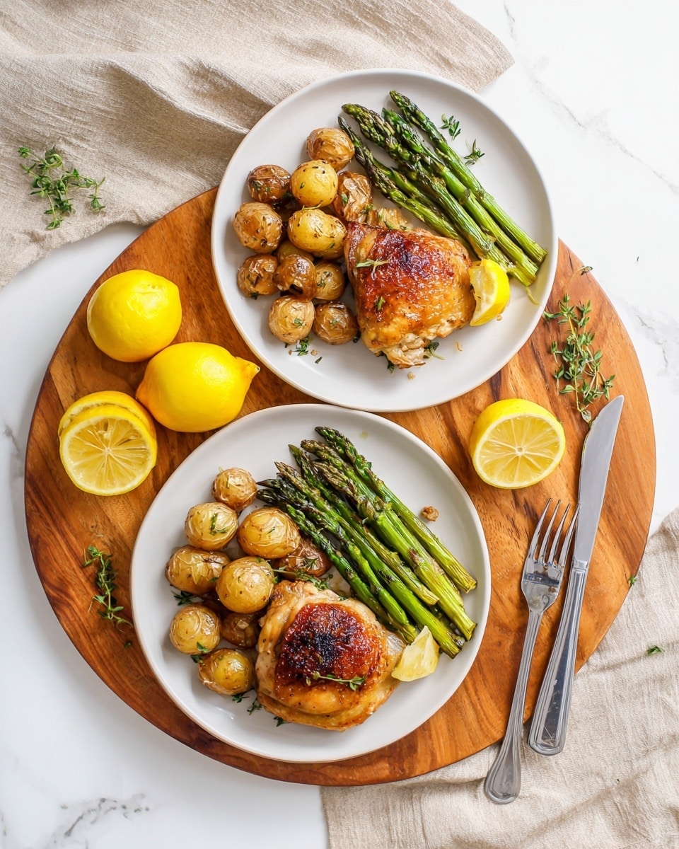 Two white plates sit on a round wooden board with a white marbled surface underneath. Each plate holds a well-cooked piece of golden brown chicken placed at the bottom right, with a light sprinkle of herbs on top and some caramelized onions beneath. Next to the chicken, four green asparagus stalks lay side by side horizontally across the plate's middle. On the left side of each plate, there are several golden roasted potato chunks with a slightly crispy exterior. A small lemon wedge sits next to the asparagus on the bottom plate. Around the board, there are two whole yellow lemons, one cut in half, a folded beige cloth napkin, and a vintage silver knife and fork. Fresh thyme sprigs are placed on the food and nearby. The photo taken with an iphone --ar 4:5 --v 7