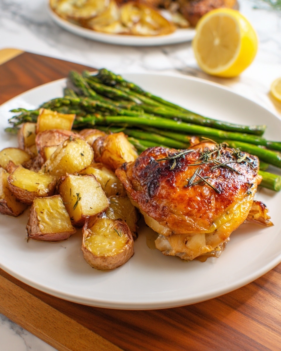 A white plate sits on a white marbled surface, with three main layers of food: on the left, there are pieces of roasted potatoes with golden brown and light tan colors and a rough texture; in the middle, there is a small bundle of bright green asparagus spears, lined up horizontally with a fresh and slightly shiny surface; on the right, there is a piece of golden brown roasted meat with a crispy, slightly charred skin, topped with a few small sprigs of green herbs. A wooden board is partially visible underneath the plate. Photo taken with an iphone --ar 4:5 --v 7