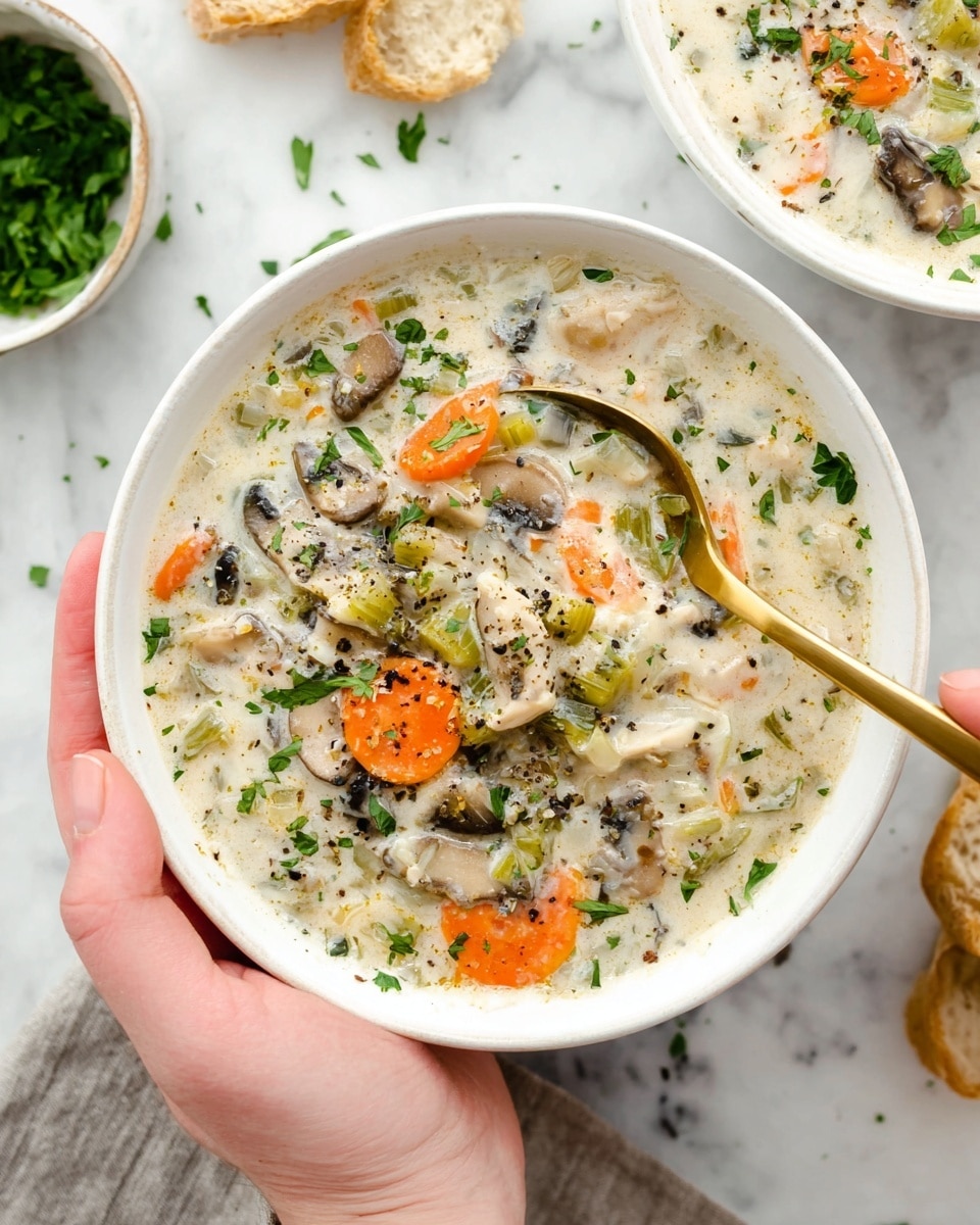 A white bowl filled with creamy soup showing several layers of ingredients: an off-white creamy base with visible chunks of diced orange carrots, pale white potato pieces, dark brown mushrooms, light green celery, and bits of shredded chicken. The soup is topped with chopped fresh green parsley and a sprinkle of ground black pepper. A golden spoon rests inside the bowl, held by a woman's hand at the bottom left corner of the image. In the background, a small white bowl holds fresh chopped parsley, and there's a second white bowl with more soup, partially visible on the top right. The scene is set on a white marbled surface with some torn bread and a black and white striped cloth near the bottom right. photo taken with an iphone --ar 4:5 --v 7