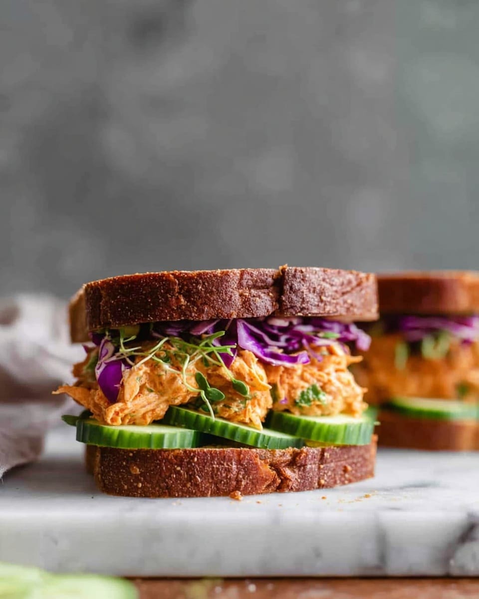 The image shows a sandwich with three clear layers in a white marbled background. The bottom layer is a thick slice of toasted brown bread with a slightly rough texture. On top of that, there are fresh green cucumber slices arranged in a neat layer, followed by vibrant purple shredded cabbage mixed with some fresh herbs. The top layer is filled with reddish-brown shredded cooked meat, giving it a juicy texture, and the sandwich is completed with another slice of toasted brown bread with visible grill marks. A piece of another sandwich is partially visible on the right side, and the overall focus is on the full sandwich on the left. Photo taken with an iphone --ar 4:5 --v 7