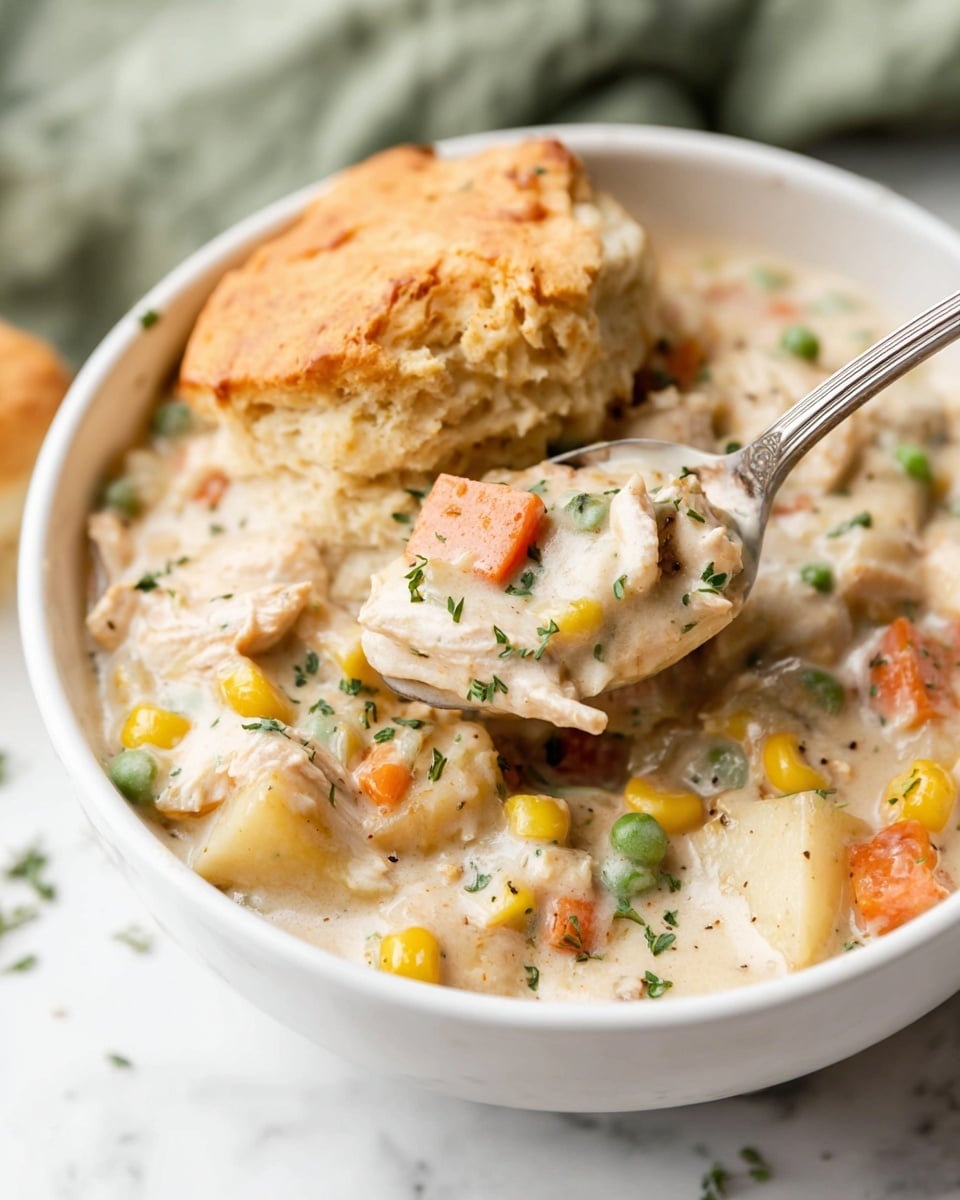 A white bowl filled with a thick creamy stew featuring visible chunks of light brown chicken, soft yellow potatoes, bright orange carrots, yellow corn, and green peas, all mixed in a light beige sauce speckled with black pepper and garnished with small green herbs. On top of the stew, a flaky, golden-brown biscuit is partially submerged, showing its soft, airy inside texture. A silver spoon lifts a portion of the stew including a piece of biscuit, showing the rich mix of vegetables and chicken. The scene is set on a white marbled surface with soft focus green herbs in the background. photo taken with an iphone --ar 4:5 --v 7
