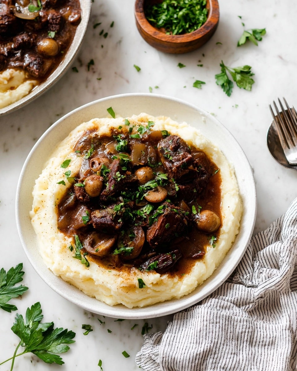 The dish shows a white bowl filled with two main layers: the bottom layer is creamy mashed potatoes with a soft, smooth, and lightly textured white surface, creating a base that fills the bowl. The top layer is a thick stew made of dark brown beef chunks and small whole pearl onions in rich gravy, fully covering the center of the mashed potatoes. Fresh green parsley leaves are sprinkled on top and around the edges of the stew for a pop of color. The bowl sits on a white marbled surface, with another white plate partially visible below it holding a similar dish. Scattered parsley leaves and a fork with a striped cloth are nearby. Photo taken with an iphone --ar 4:5 --v 7