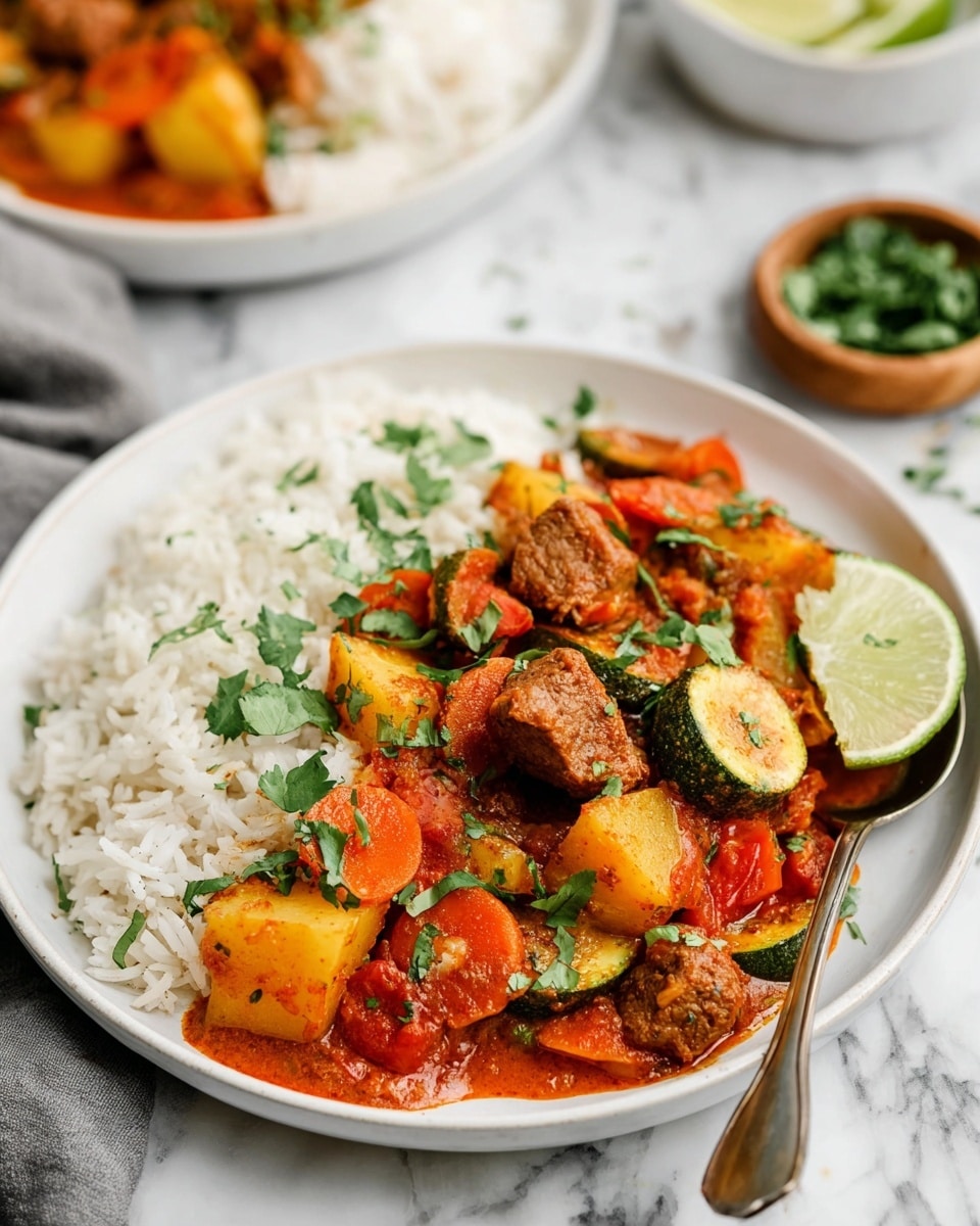A round white plate sits on a white marbled surface, filled with a base layer of fluffy white rice. On top, there is a thick stew with pieces of brown meat, bright orange carrot slices, yellow potato chunks, and green zucchini slices, all coated in a rich, reddish-orange sauce. Fresh green cilantro leaves are sprinkled over the dish, adding pops of green color. A small wedge of lime rests on the right side of the plate, adding a fresh touch. Behind the plate, there is a silver spoon resting on the edge, and blurred elements like another plate of similar food and a small bowl with green herbs in the background. Photo taken with an iphone --ar 4:5 --v 7
