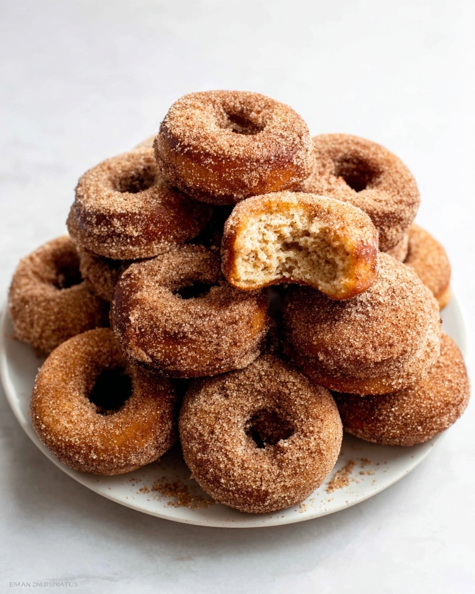 A close-up view shows four small cinnamon sugar-coated doughnuts arranged on a white marbled surface. Three doughnuts are stacked vertically in the center, with one leaning against the stack on the right side. The doughnuts have a rough sugar texture on the outside with a warm brown color. On the left side, two halves of a doughnut reveal a soft, light brown interior. The background is plain white. photo taken with an iphone --ar 4:5 --v 7