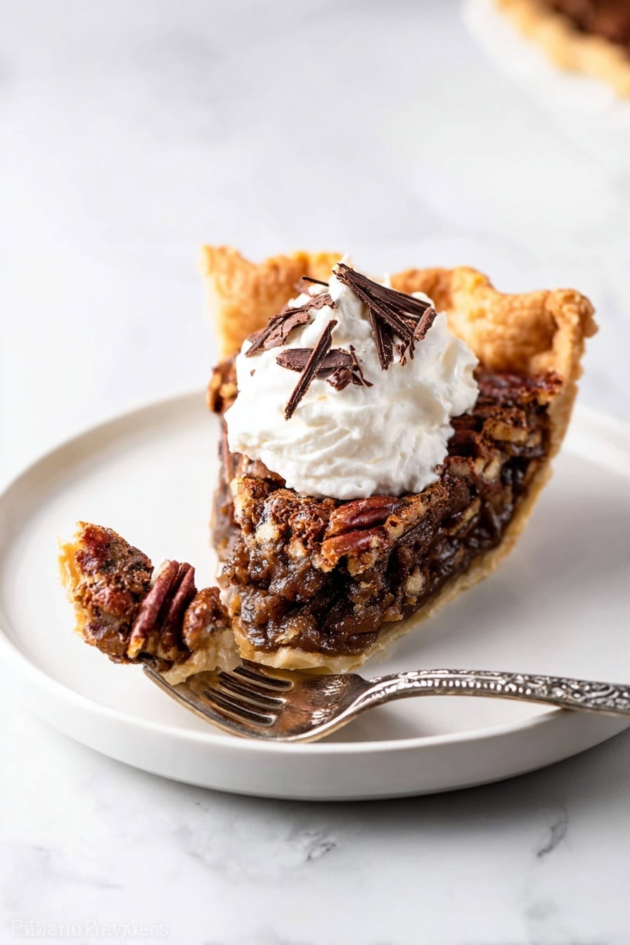 A single slice of pie sits on a white plate on a white marbled surface. The pie has three layers: a golden brown flaky crust on the bottom and edges, a middle layer with a rich, dark brown filling that looks textured with nuts, and a top layer of pecans and chocolate chips. On top of the slice, there is a dollop of white whipped cream with curly shavings of dark chocolate sprinkled over it. A silver fork with ornate patterns lies on the plate next to the pie, holding a small piece of the pie with some white cream on the prongs. Photo taken with an iphone --ar 4:5 --v 7