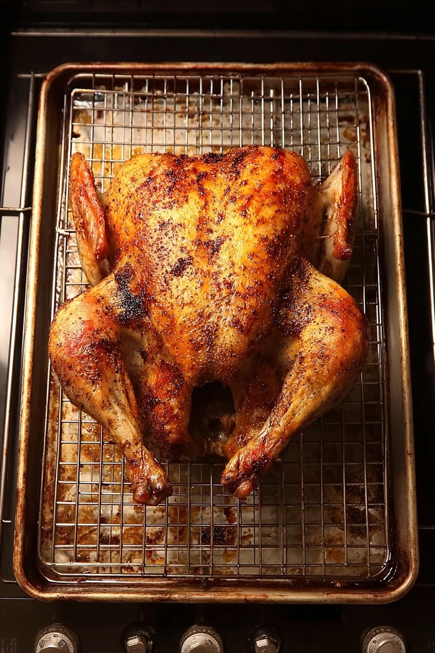 A whole roasted chicken is placed flat on a wire rack inside a silver baking pan on a stove rack. The chicken has an even golden brown and crispy skin with dark specks of seasoning all over. Its wings and legs are spread out, showing the texture of the cooked skin with a slight shine from the oil or fat. The lighting highlights the chicken’s warm tones and the silver wire rack underneath is visible with its grid pattern. The background shows part of the stove’s black knobs and the oven door with a glass window, all set against a white marbled texture surface. photo taken with an iphone --ar 4:5 --v 7