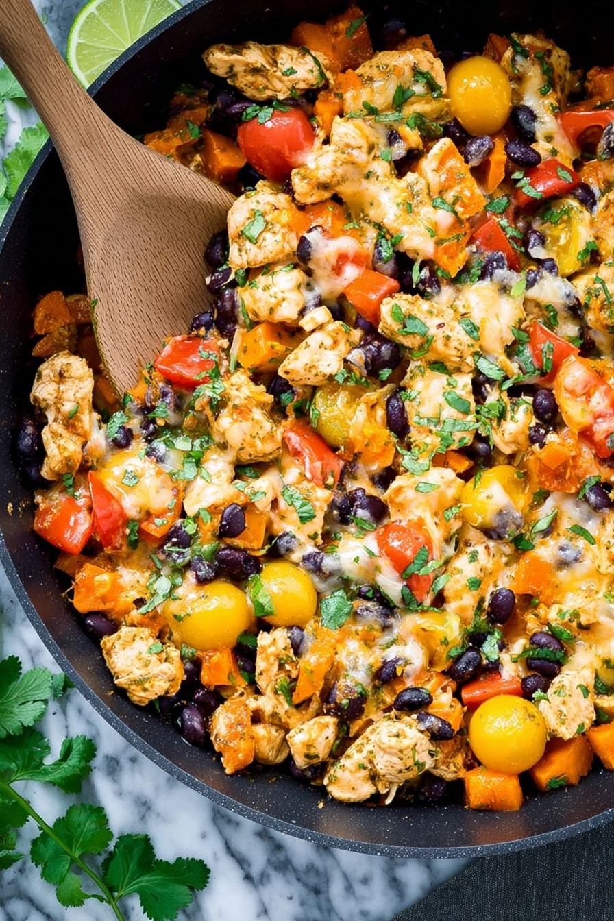 A close-up view of a cast iron pan filled with a mix of cooked, chunky orange sweet potato pieces, seasoned light brown chicken chunks, black beans, and halved yellow cherry tomatoes. The dish is topped with melted yellow and white shredded cheese sprinkled with small, bright green cilantro leaves. A wooden spoon rests on the left side, partly scooping the mixture. The background surface is a white marbled texture. photo taken with an iphone --ar 4:5 --v 7