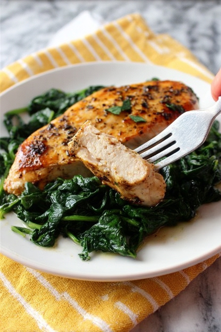 The image shows a white plate with two pieces of cooked chicken placed on a bed of dark green cooked spinach. The chicken has a golden brown color with visible herbs and a slightly crispy texture. One piece is whole while the other is held by a silver fork, revealing the inside as light and juicy. The plate sits on a yellow and white striped cloth, all placed on a white marbled surface. Photo taken with an iphone --ar 4:5 --v 7