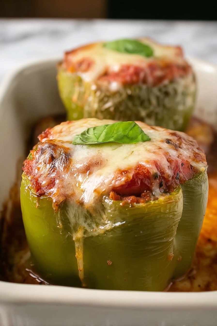 The image shows two green bell peppers standing upright in a white baking dish on a white marbled surface. Each pepper is filled and topped with a layer of melted cheese that is creamy white with slightly golden brown spots and some red sauce peeking through around the edges. A small sprig of green parsley sits on top of each pepper, adding a fresh touch. The dish looks warm and savory, with the cheese soft and slightly dripping down the sides. photo taken with an iphone --ar 4:5 --v 7