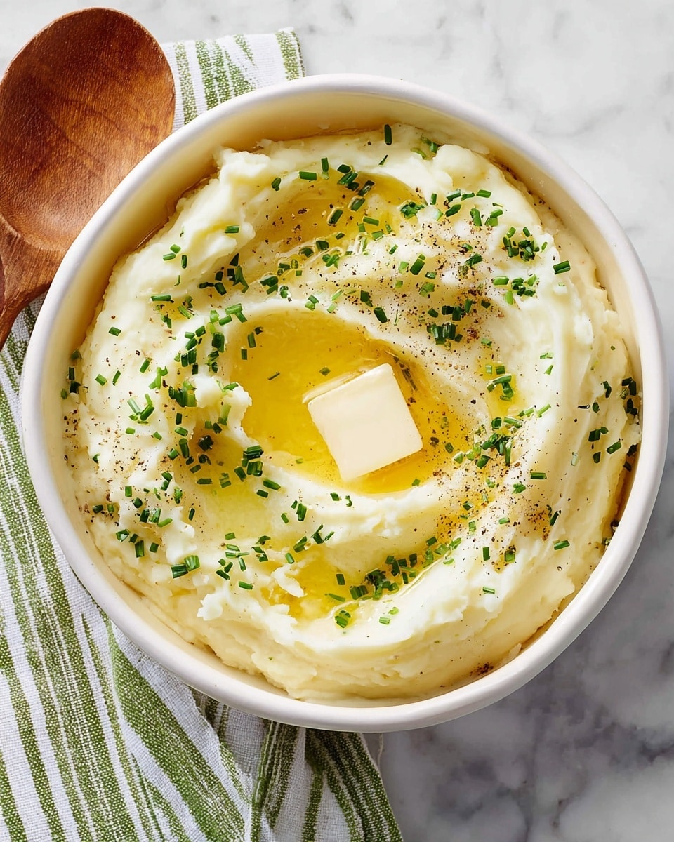 A white bowl filled with creamy mashed potatoes that have a smooth, soft texture with small ridges from stirring. On top, two square pats of melting yellow butter sit near the center, surrounded by small chopped green chives and a sprinkling of black pepper. A wooden spoon is scooping some mashed potatoes from the side of the bowl. The bowl is placed on a white marbled surface. photo taken with an iphone --ar 4:5 --v 7