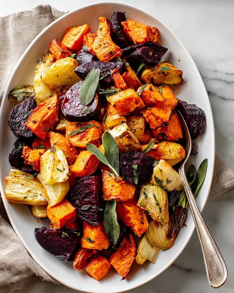 A white oval plate filled with a mix of roasted vegetables including orange chunks of sweet potato or carrot, deep purple cubes of beetroot, and pale yellow pieces of parsnip, all sprinkled with fresh green sage leaves. The vegetables have a roasted texture with some browning and seasoning visible on top. A silver spoon rests on the edge of the plate, and a light beige cloth is partially visible under the plate, all set on a white marbled surface. photo taken with an iphone --ar 4:5 --v 7