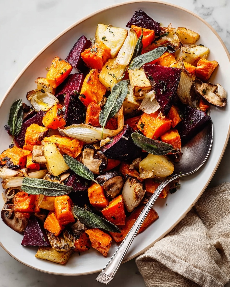 A white oval plate filled with a mix of roasted root vegetables, including bright orange sweet potatoes, deep purple beets, cream-colored parsnips, and light golden carrots, all cut into small chunks. The vegetables have a roasted texture, showing light browning and crisp edges. Scattered on top are fresh green sage leaves and coarse ground black pepper, adding contrast and freshness. A silver spoon rests on the plate's edge, ready for serving, with a white marbled surface underneath and a light beige cloth partially visible near the bottom. photo taken with an iphone --ar 4:5 --v 7