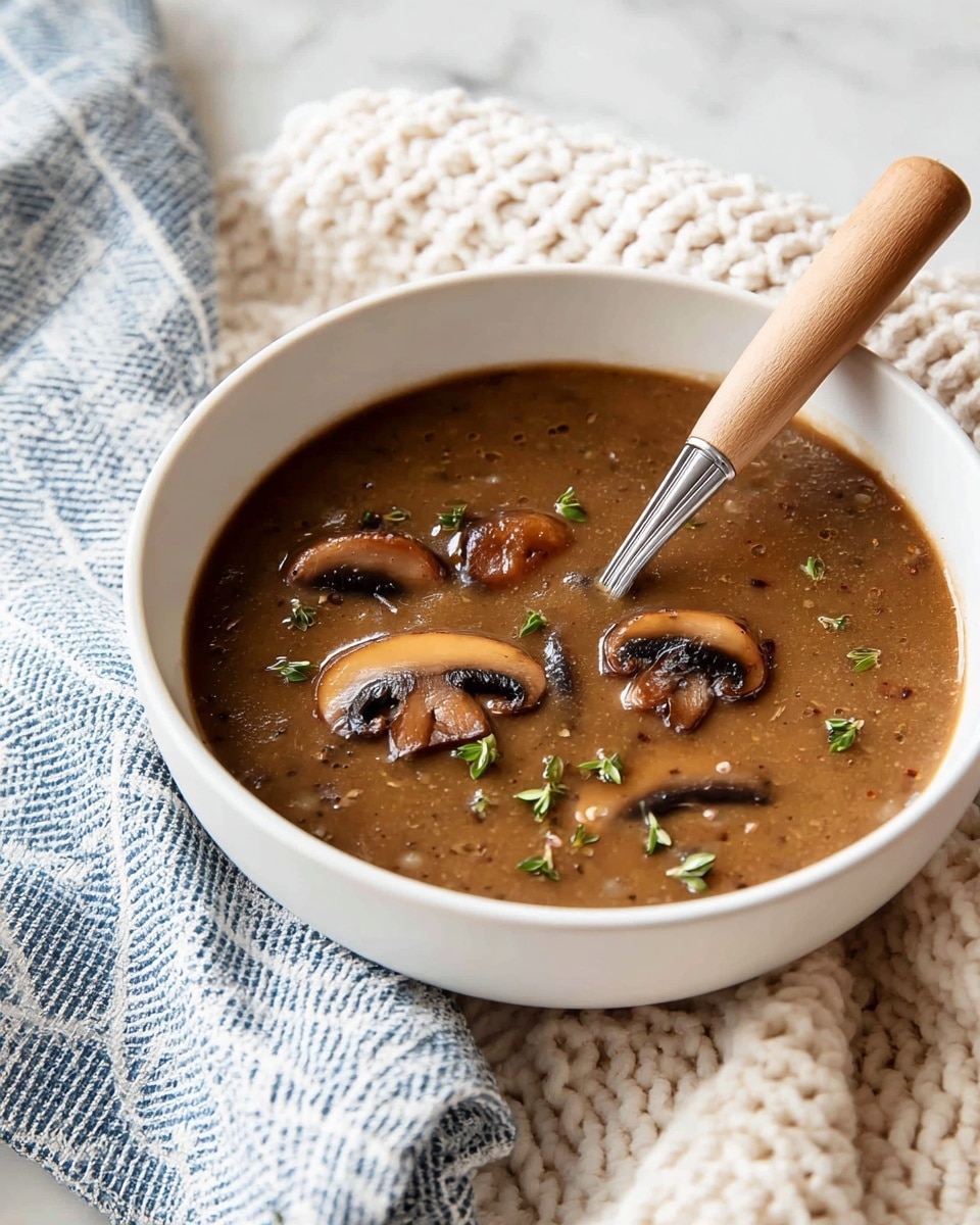 A white saucepan filled with creamy brown mushroom soup that has visible slices of cooked mushrooms floating on top and inside. Small green herb leaves are placed on the soup surface as garnish. A silver spoon rests inside the saucepan on the right side, and the saucepan has a wooden handle. The pot is placed on a thick cream knitted cloth with a blue and white checkered towel partially covering the lower left of the frame. The scene sits on a white marbled surface. photo taken with an iphone --ar 4:5 --v 7