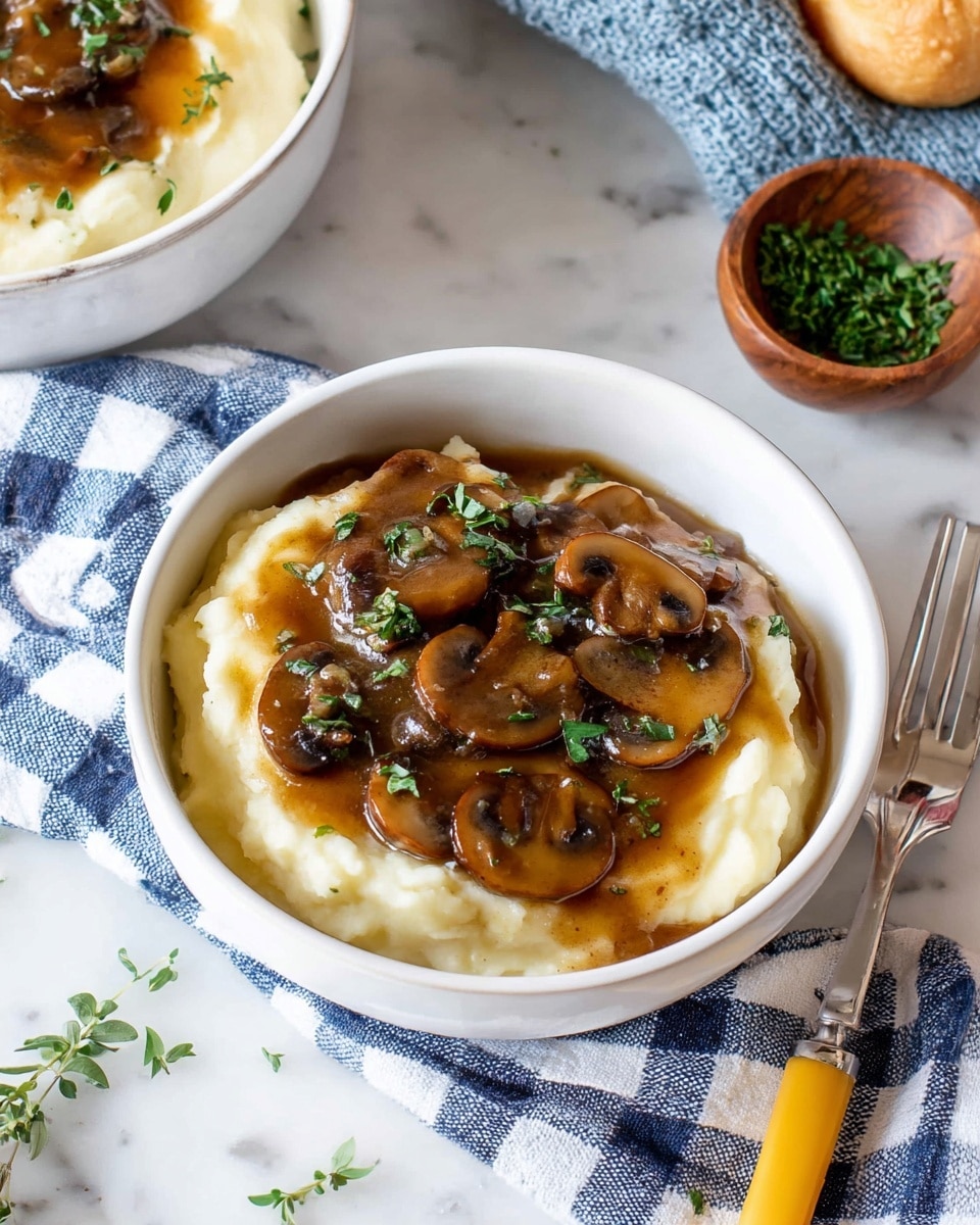 A white bowl filled with a creamy white layer of mashed potatoes that has a smooth and soft texture. On top of the mashed potatoes, there is a thick brown mushroom gravy with visible slices of cooked mushrooms. The gravy spreads softly into the mashed potatoes with some green herb leaves scattered on top, adding a touch of fresh color. The bowl is placed on a white marbled surface with a blue and white checkered cloth partially visible to the left and a green leaf to the right near a wooden board with chopped herbs. Photo taken with an iphone --ar 4:5 --v 7