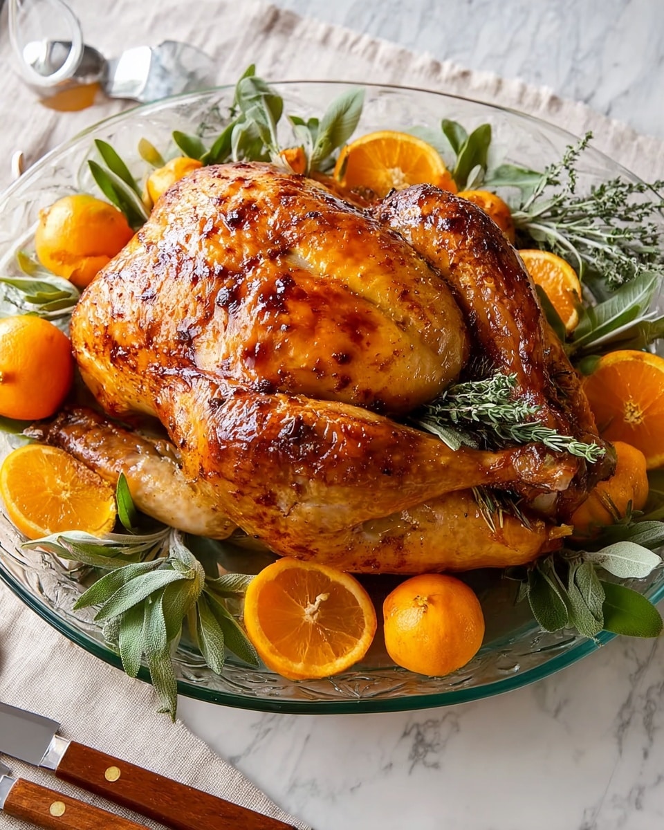 A large, roasted whole turkey with golden-brown, slightly shiny skin sits centered on a round clear glass plate. The turkey’s legs are tied together with twine, and its wings are tucked close. Around the turkey on the plate are several whole bright orange tangerines and a few orange slices showing their juicy, vibrant interior. Fresh green herbs, including thyme and sage, fill the spaces between the fruit and turkey, adding texture and color contrast. The plate rests on a white tablecloth over a white marbled surface. A carving knife and fork with wooden handles lie in the foreground near the plate. Photo taken with an iphone --ar 4:5 --v 7