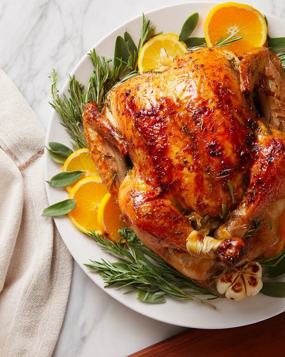 A whole roasted chicken with crispy golden brown skin, showing darker brown spots and a shiny glaze on top, is placed on a large oval white plate. The chicken lies on its back with its wings folded neatly at its sides and legs tied together. Fresh green rosemary and bay leaves are scattered around the edges of the plate, adding contrast to the golden tones of the chicken. A shiny metal carving fork rests near the lower left side of the plate. The plate is set on a white marbled textured surface. photo taken with an iphone --ar 4:5 --v 7