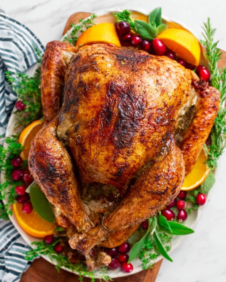 A whole roasted chicken with golden brown, crispy skin sits in the middle of a white plate, garnished with green rosemary sprigs and orange slices placed around the edges of the plate. Bright red cranberries and small green leaves are scattered close to the chicken, adding splashes of color. The chicken’s legs and wings are tucked in slightly, showing even cooking and a textured, slightly shiny surface. The plate is on a white marbled surface with a blue and yellow striped cloth partially visible in the background. photo taken with an iphone --ar 4:5 --v 7
