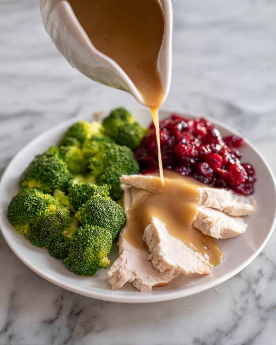 A white plate on a white marbled surface holds a meal with three main parts. On the left side, there are bright green broccoli florets with a rough texture. In the center, several layers of pale beige sliced turkey meat are stacked slightly overlapping, covered by a thick, light brown gravy with small mushroom pieces scattered through it. On the right side, there is a small pile of bright red cranberry sauce with a chunky texture. The overall look is clean and simple, with colors contrasting nicely against the white plate. photo taken with an iphone --ar 4:5 --v 7