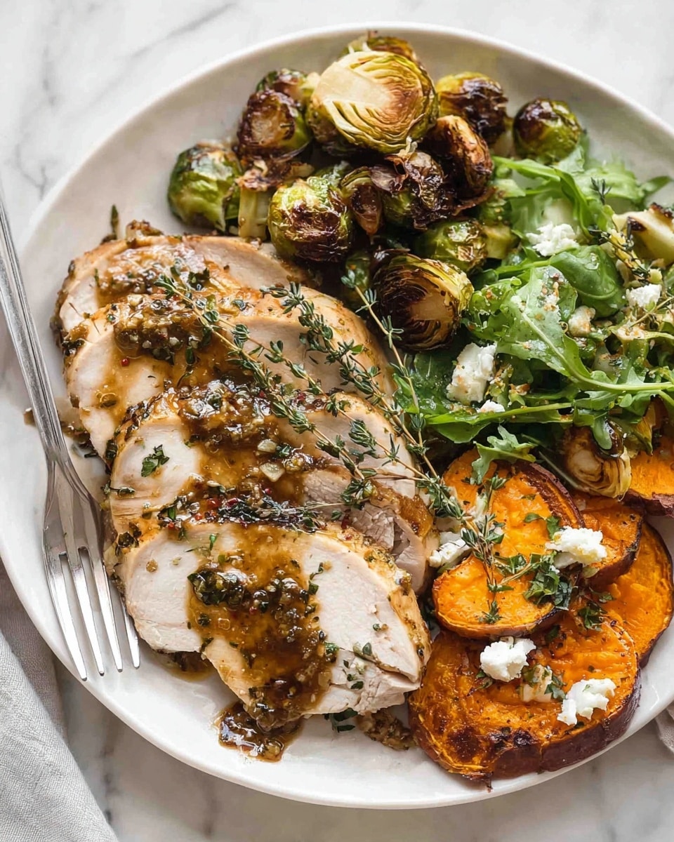 A white plate on a white marbled surface holds three main layers. The first layer has sliced cooked chicken with a light brown herb sauce and a sprig of thyme on top. To the upper left, there is a layer of roasted brussels sprouts with browned, crispy edges. On the right side, a layer of roasted sweet potato slices sits on a bed of fresh green arugula, sprinkled with crumbled white cheese and small nut pieces. A silver fork rests on the edge of the plate. Photo taken with an iphone --ar 4:5 --v 7