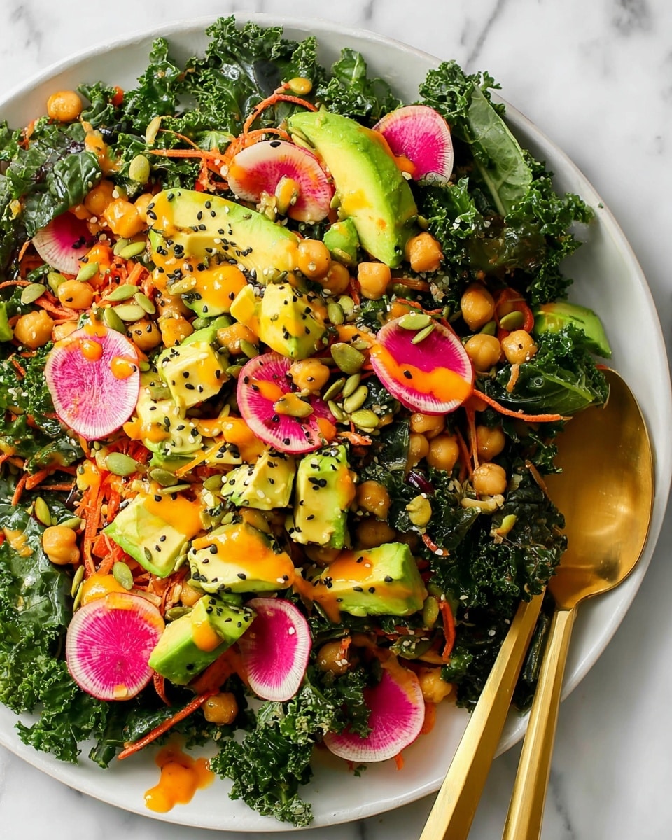 A fresh salad in a white bowl with curly dark green kale leaves as the base layer. On top, there are chunks of light green avocado, round slices of watermelon radish with pink centers and green edges, and golden chickpeas scattered evenly. Shredded orange carrot pieces add small pops of color throughout. The salad is sprinkled with white and black sesame seeds and a few pumpkin seeds. A light orange dressing drizzles over the salad, adding a glossy texture. A golden serving tong rests on the right side inside the bowl, partly lifting some salad. The background is a white marbled surface. photo taken with an iphone --ar 4:5 --v 7
